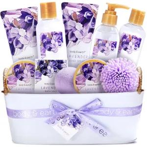 BODY & EARTH Gift Baskets For Women 11 Pcs Lavender Spa Gifts For Women with Bubble Bath Body Lotion Sets, Bath and Body Gifts Set For Women Valentines Day Gifts for Her Spa Gift Sets