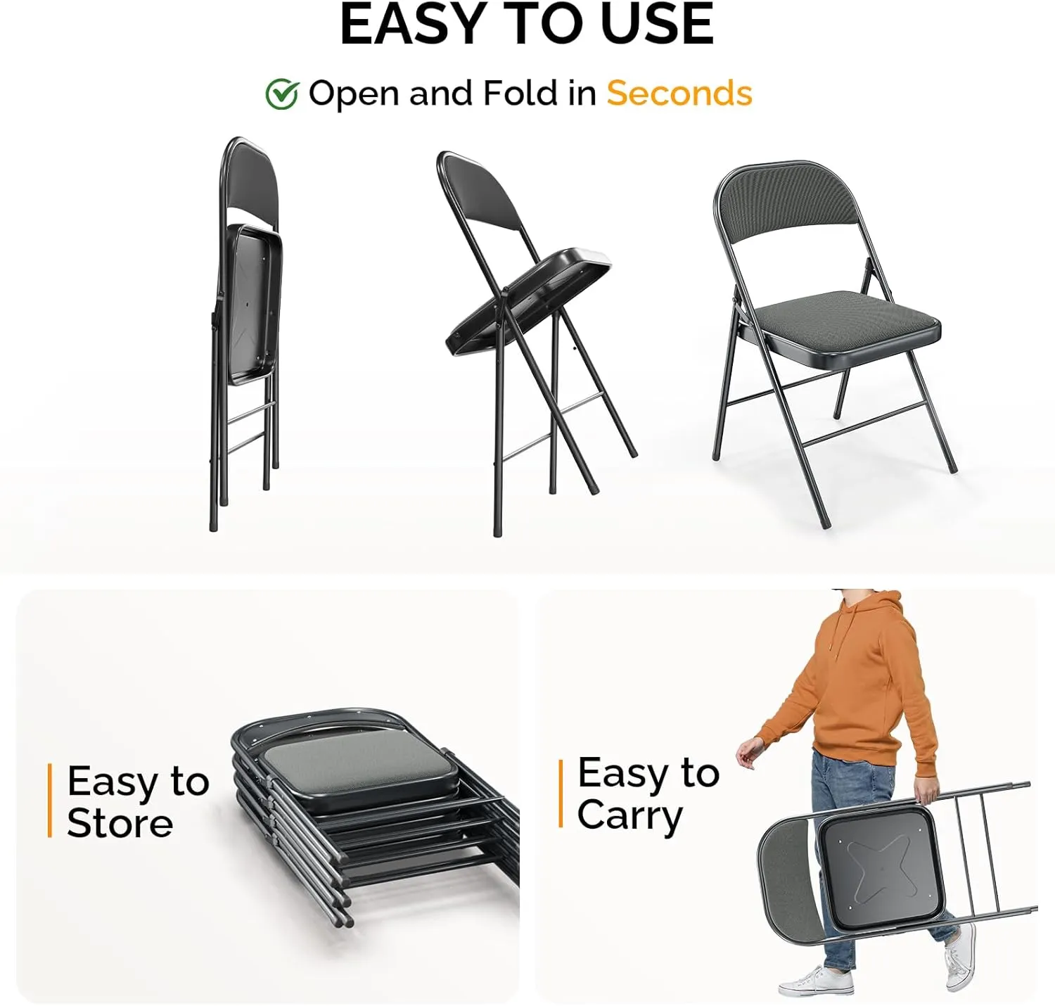 Bonnlo Folding Chair, Padded Folding Chairs with Cushion, Back and Steel Frame for Indoor Outdoor Outside Dinning Office Camping Use, Gray, 6 Pack
