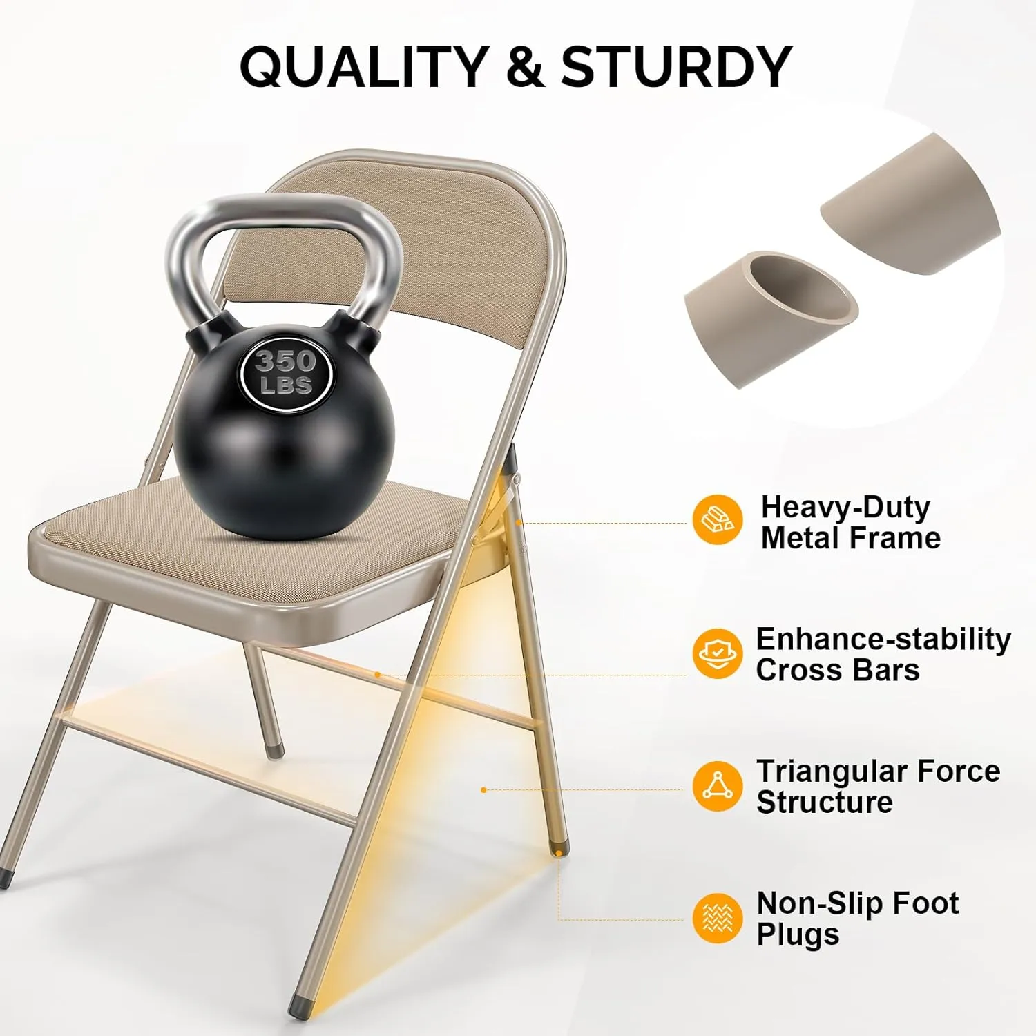 Bonnlo Folding Chair, Padded Folding Chairs with Cushion, Back and Steel Frame for Indoor Outdoor Outside Dinning Office Camping Use, Khaki, 6 Pack