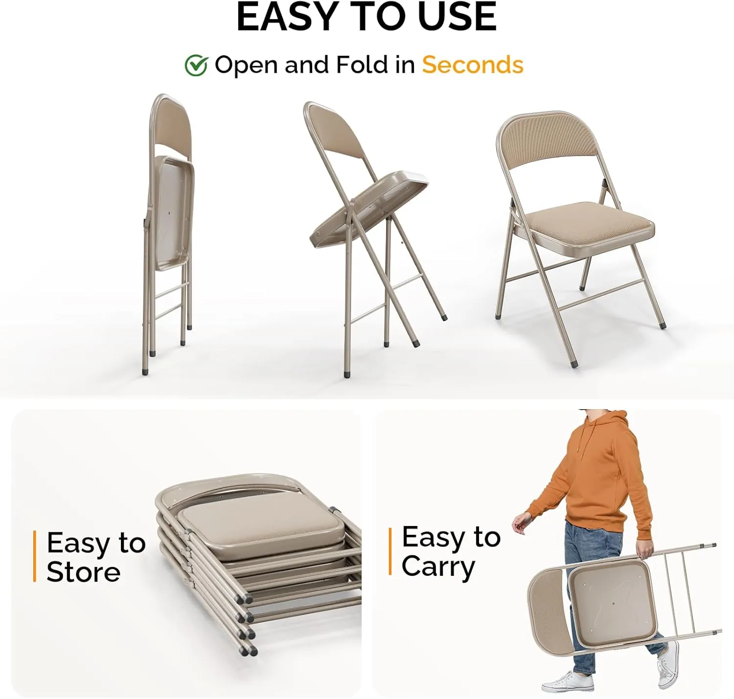 Bonnlo Folding Chair, Padded Folding Chairs with Cushion, Back and Steel Frame for Indoor Outdoor Outside Dinning Office Camping Use, Khaki, 6 Pack