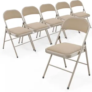 Bonnlo Folding Chair, Padded Folding Chairs with Cushion, Back and Steel Frame for Indoor Outdoor Outside Dinning Office Camping Use, Khaki, 6 Pack