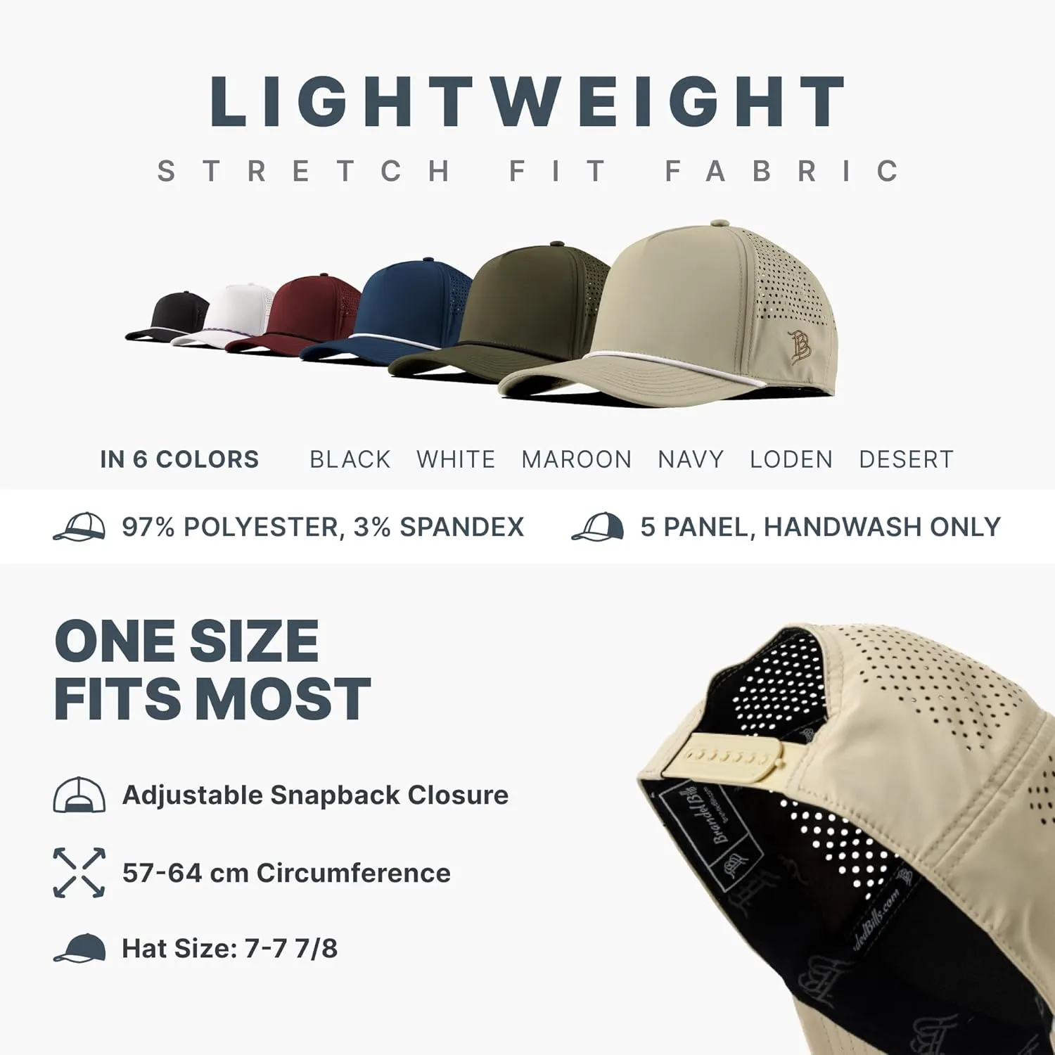 Branded Bills Bare Curved 5 Panel Rope Hat, Adjustable Snapaback, Fitted Style | Lightweight, Comfort Stretch, Quick Dry Cap