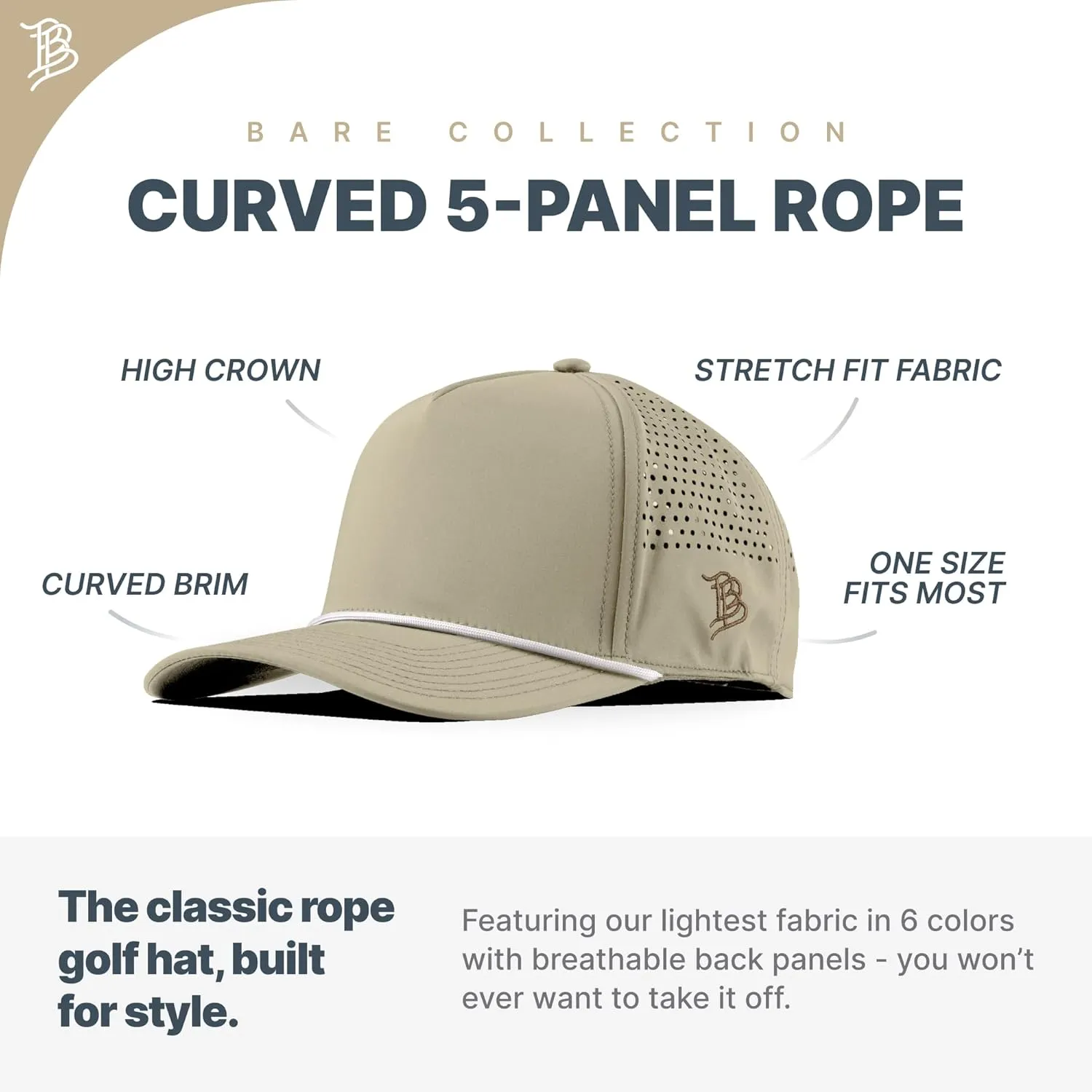 Branded Bills Bare Curved 5 Panel Rope Hat, Adjustable Snapaback, Fitted Style | Lightweight, Comfort Stretch, Quick Dry Cap