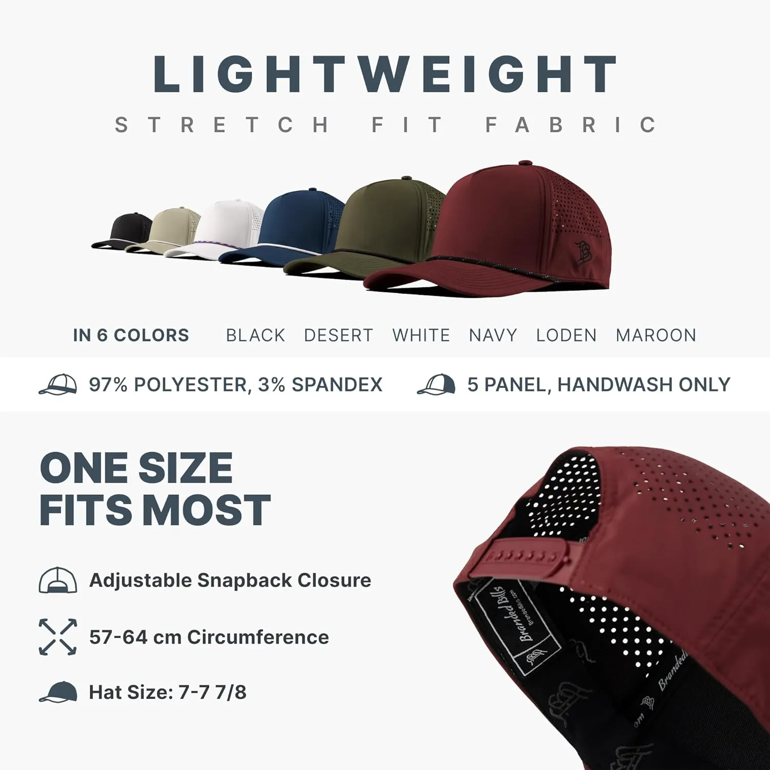Branded Bills Bare Curved 5 Panel Rope Hat, Adjustable Snapaback, Fitted Style | Lightweight, Comfort Stretch, Quick Dry Cap