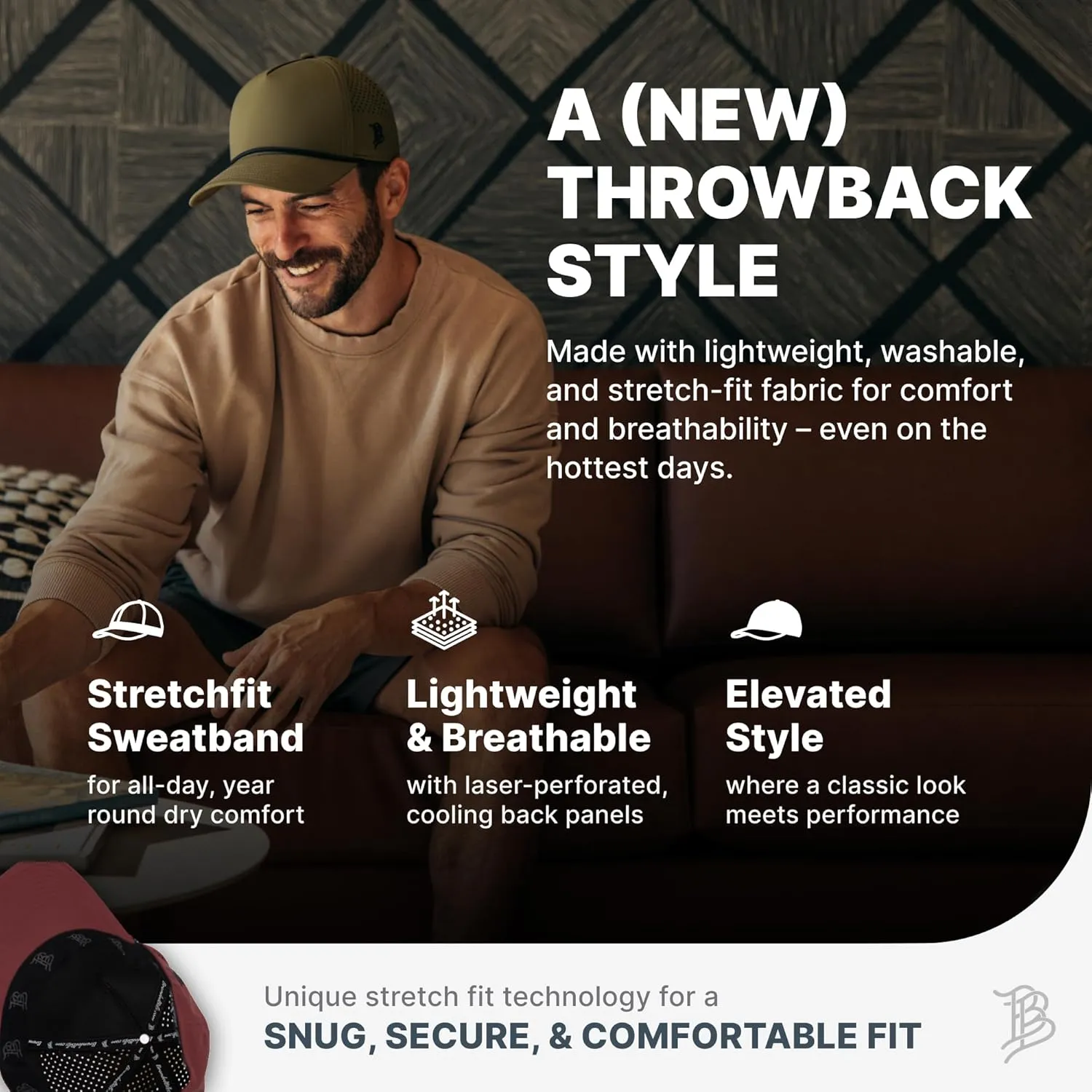 Branded Bills Bare Curved 5 Panel Rope Hat, Adjustable Snapaback, Fitted Style | Lightweight, Comfort Stretch, Quick Dry Cap