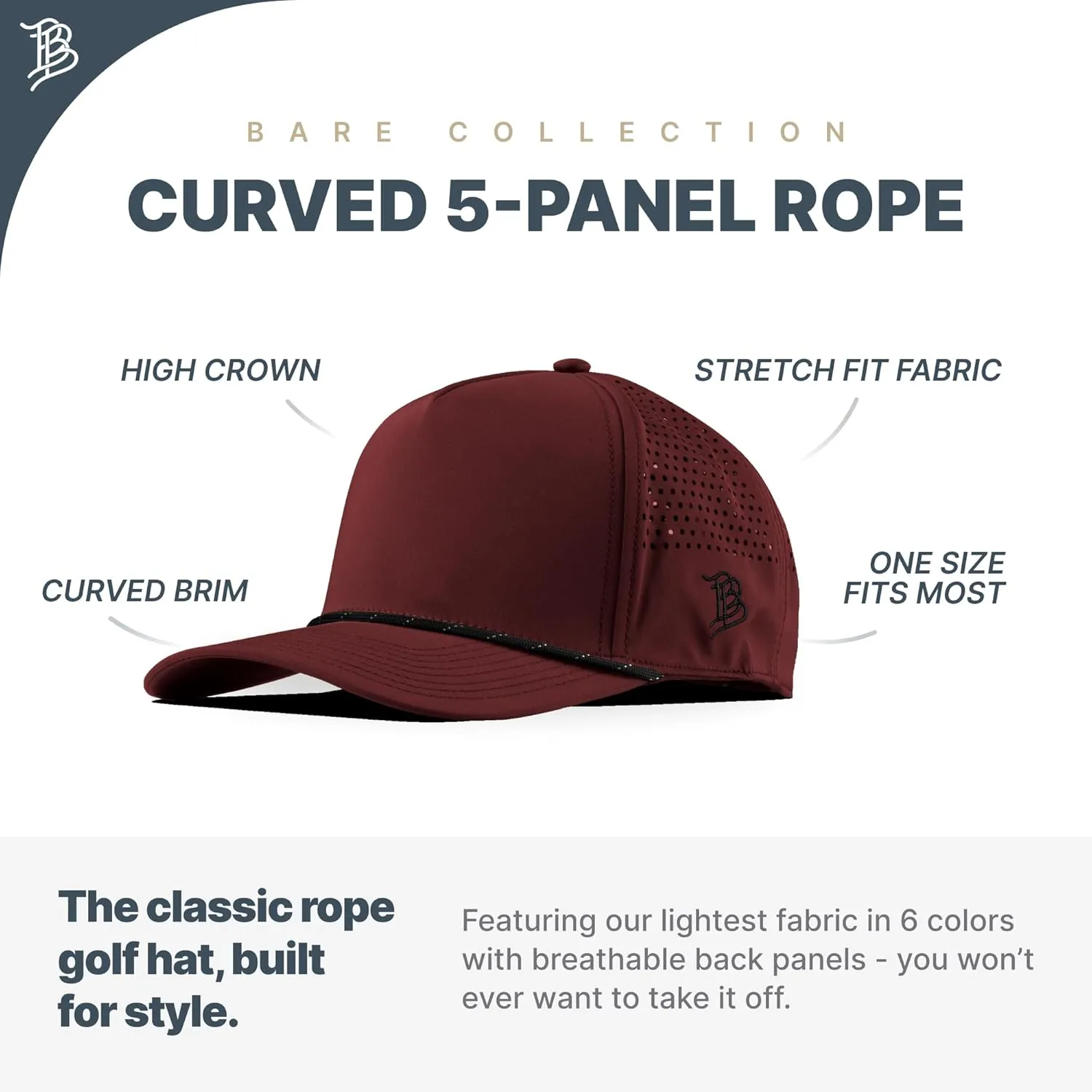 Branded Bills Bare Curved 5 Panel Rope Hat, Adjustable Snapaback, Fitted Style | Lightweight, Comfort Stretch, Quick Dry Cap
