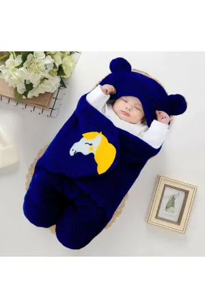 Brandon Newborn Super soft Fleece Hooded AC Blanket Wrapper - Pack of 1 (Navy blue)