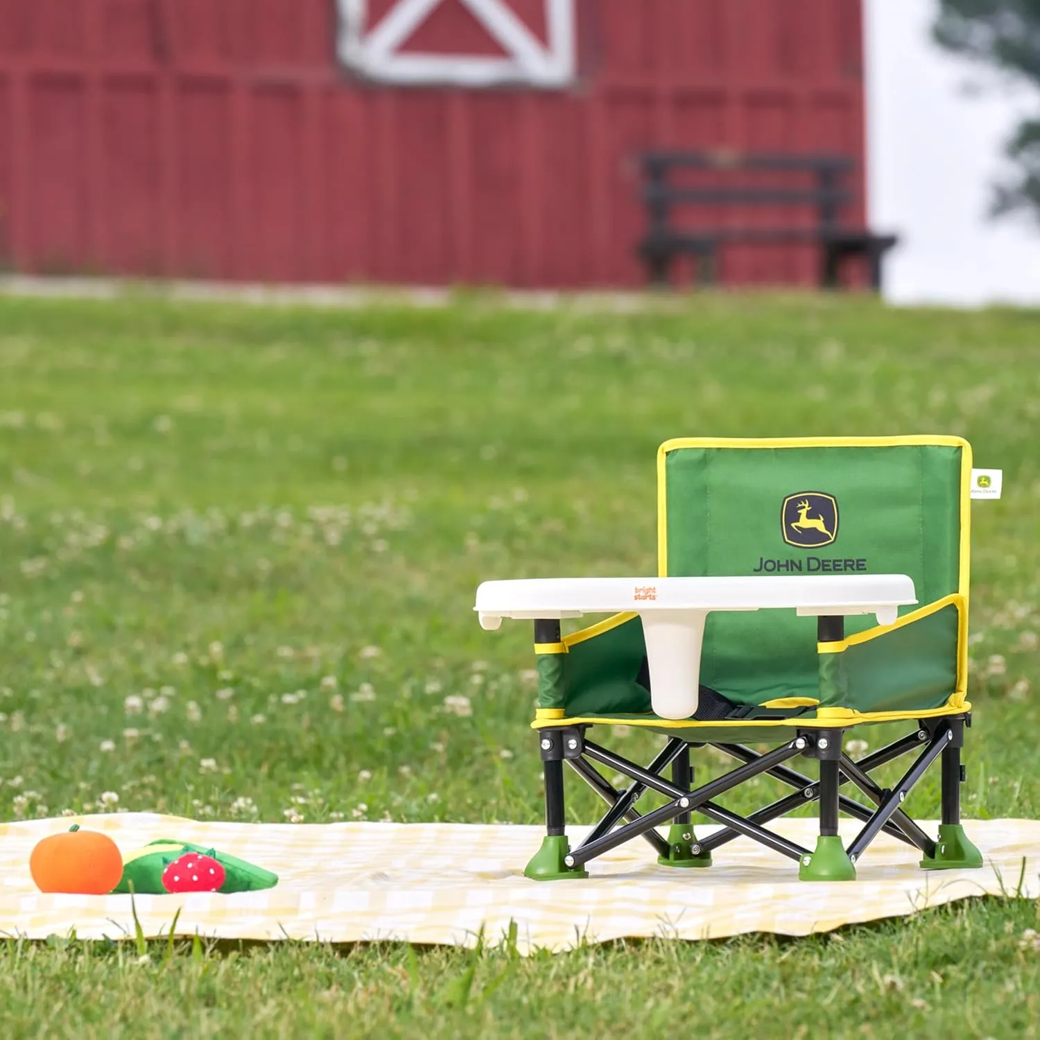 Bright Starts John Deere Pop 'N Sit Portable Booster Chair, Floor Seat, Indoor/Outdoor Use, Compact Fold, Green and Yellow, 6 Mos - 3 Yrs