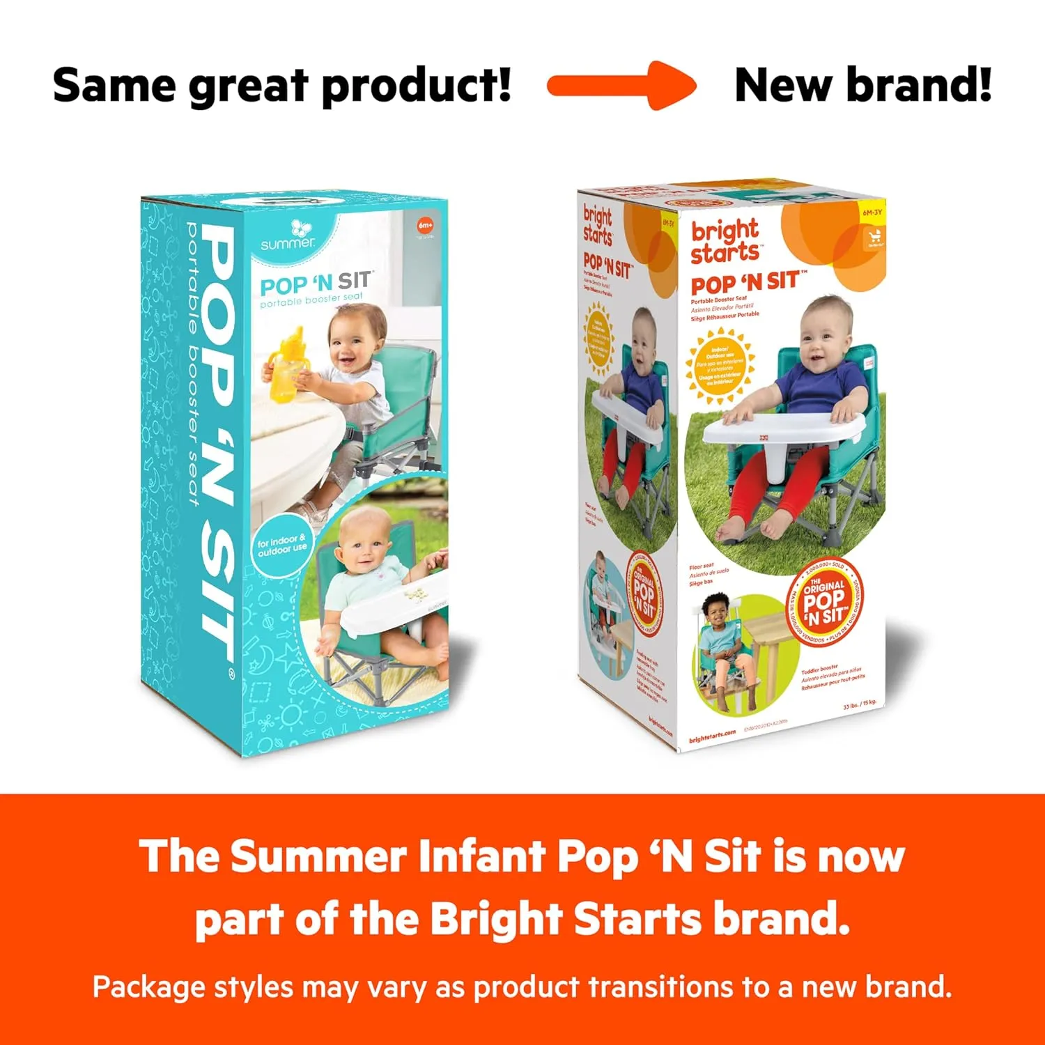 Bright Starts Pop 'N Sit Portable Booster, Indoor/Outdoor Use, Floor Seat with Feeding Tray, Grey, 6 Mos - 3 Yrs
