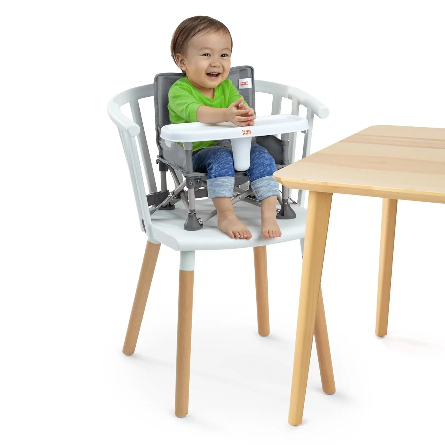 Bright Starts Pop 'N Sit Portable Booster, Indoor/Outdoor Use, Floor Seat with Feeding Tray, Grey, 6 Mos - 3 Yrs