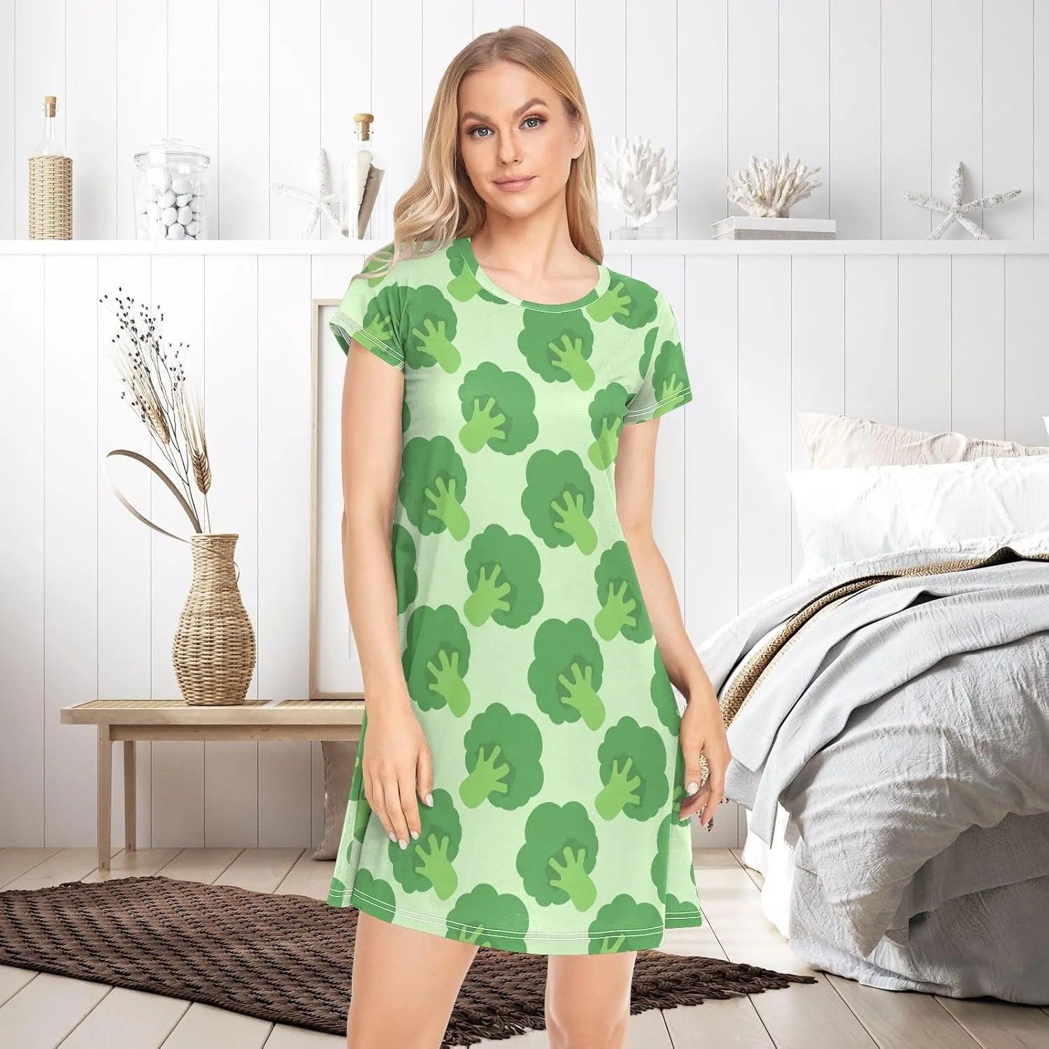 Broccoli Cabbage Pattern Nightgowns for Women Short Sleeve Sleepshirt Dress Print Sleepdress Sleepwear Pajama Dress