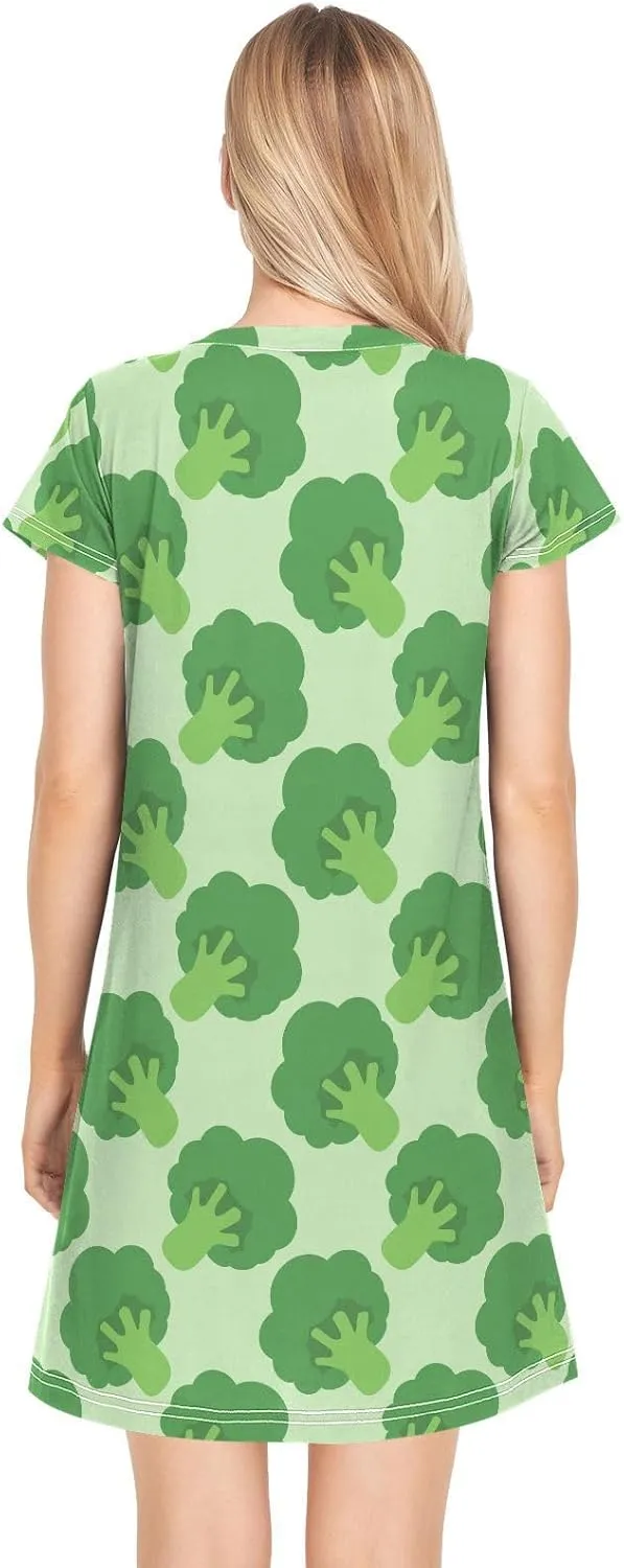 Broccoli Cabbage Pattern Nightgowns for Women Short Sleeve Sleepshirt Dress Print Sleepdress Sleepwear Pajama Dress