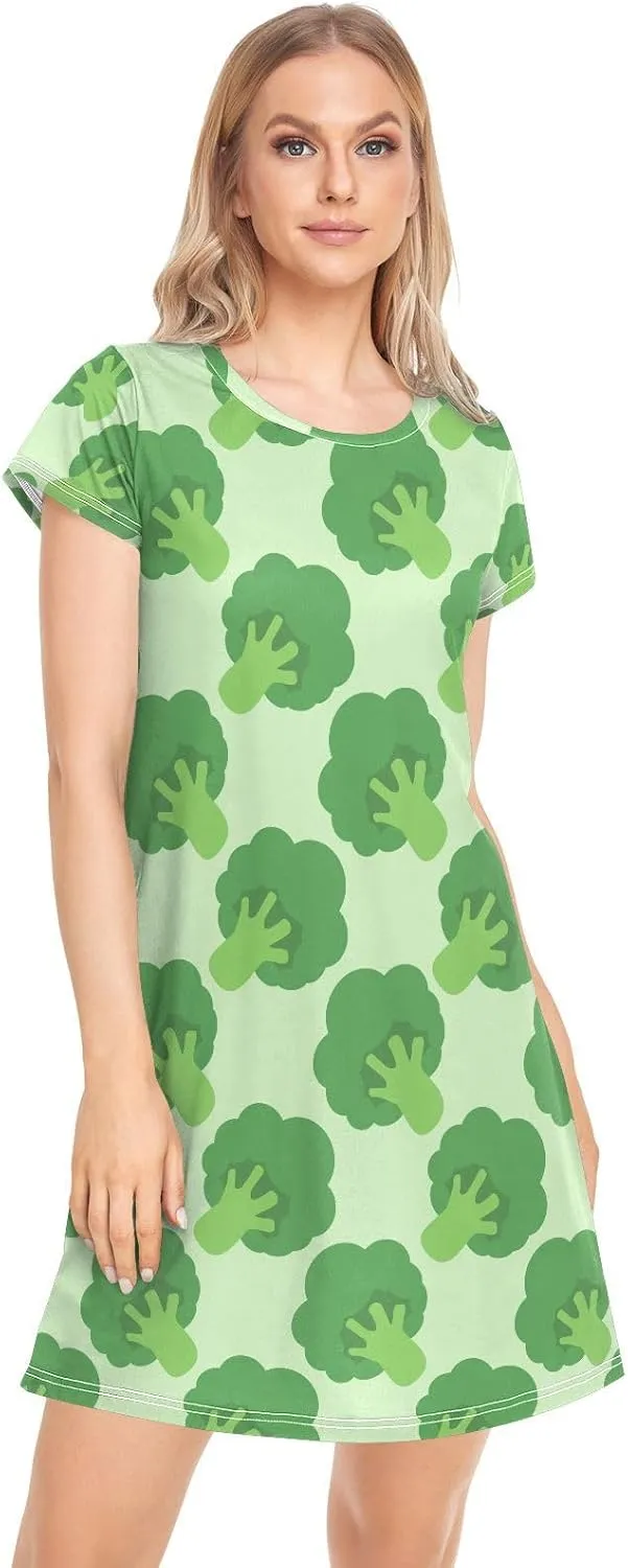 Broccoli Cabbage Pattern Nightgowns for Women Short Sleeve Sleepshirt Dress Print Sleepdress Sleepwear Pajama Dress