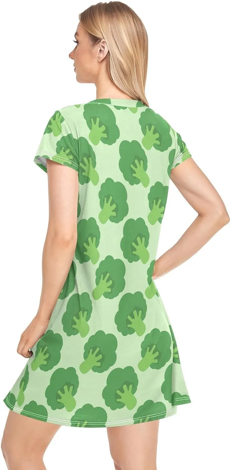 Broccoli Cabbage Pattern Nightgowns for Women Short Sleeve Sleepshirt Dress Print Sleepdress Sleepwear Pajama Dress