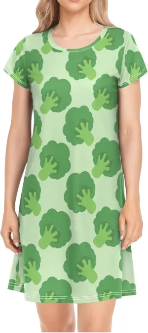 Broccoli Cabbage Pattern Nightgowns for Women Short Sleeve Sleepshirt Dress Print Sleepdress Sleepwear Pajama Dress