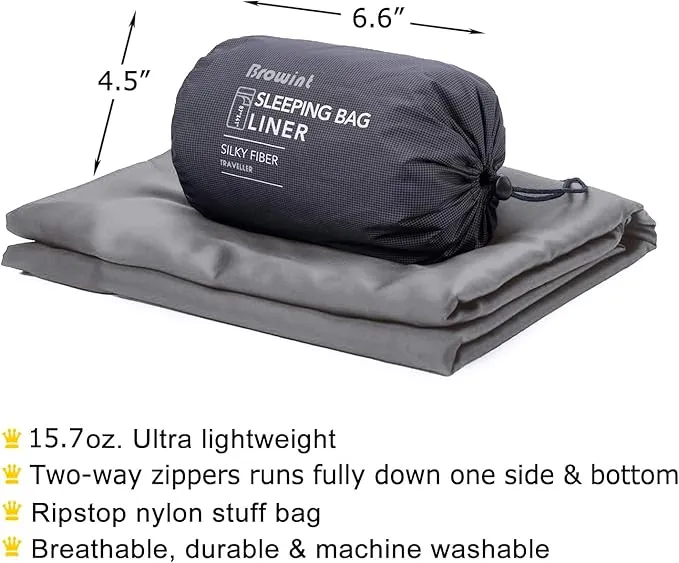 Browint Premium Sleeping Bag Liner with All Around Two-Way Zippers, 87"x41" Extra Wide Sleeping Sack for Hotel, Breathable Lightweight Travel Sheet, Multifunctional Bed Sheet for Camping, All Seasons