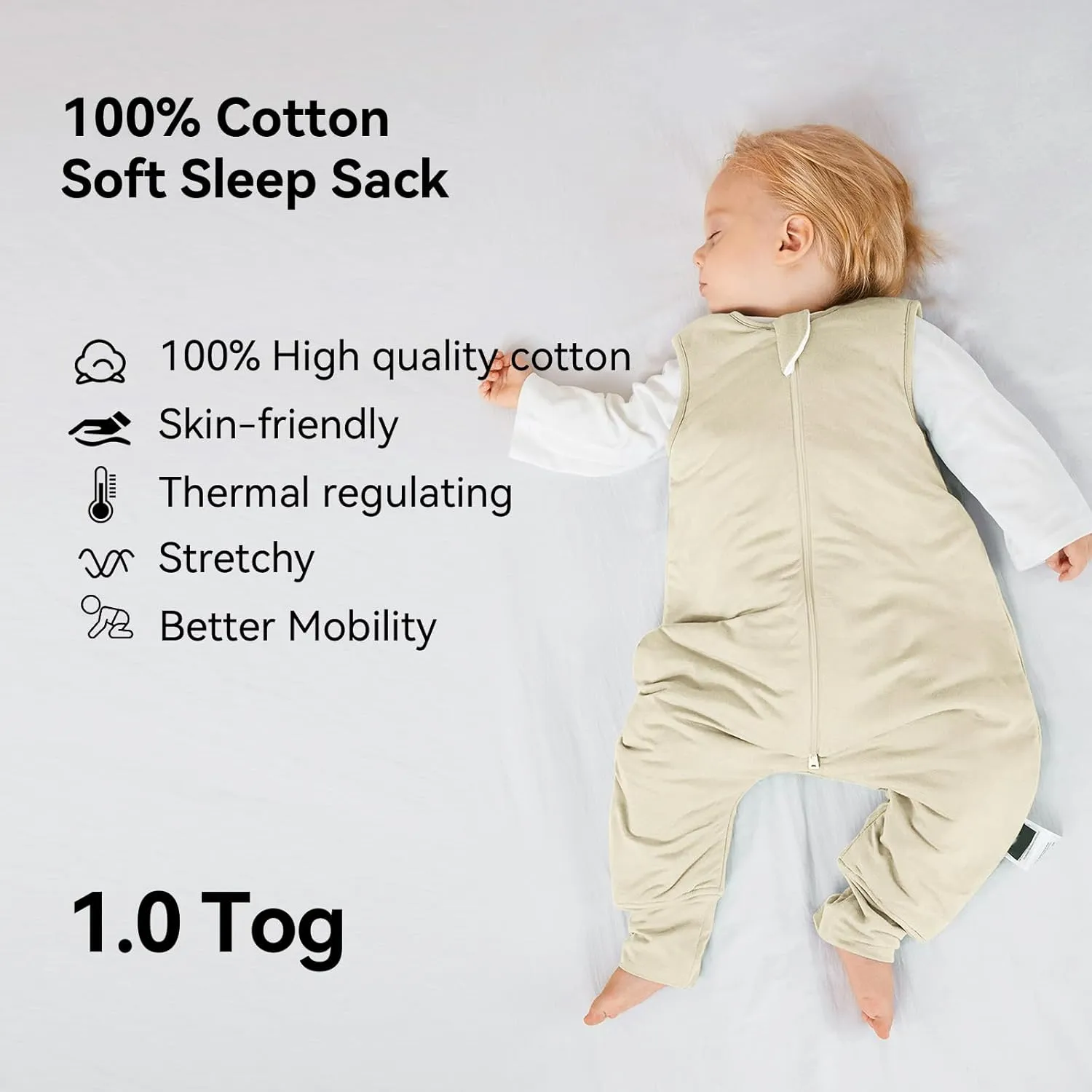 BubblePanda Toddler Sleep Sack with Feet 6-12 Months 100% Cotton Wearable Blanket with Legs Baby Sleep Bag Walker 1.0 Tog Soft Quilted 2-Way Zipper