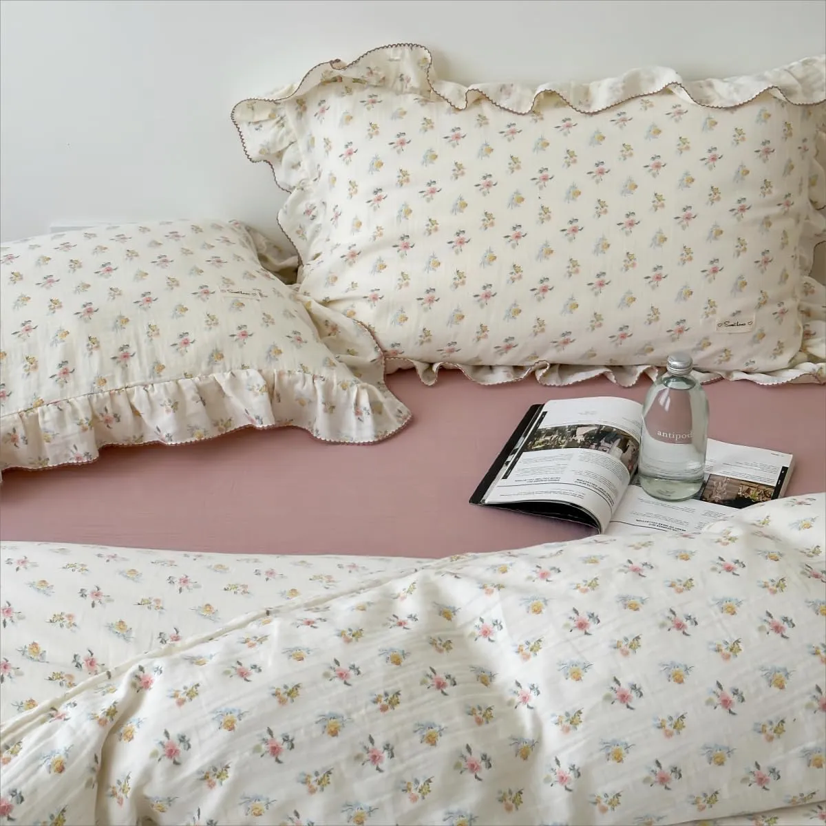 BuLuTu 2-Layer Cotton Muslin Duvet Cover Full for Kids Girls Boys, Shabby Chic Floral Duvet Covers Beige Comforter/Quilt Cover with Ruffles, 79"x90", Azalea, No Pillow Cases