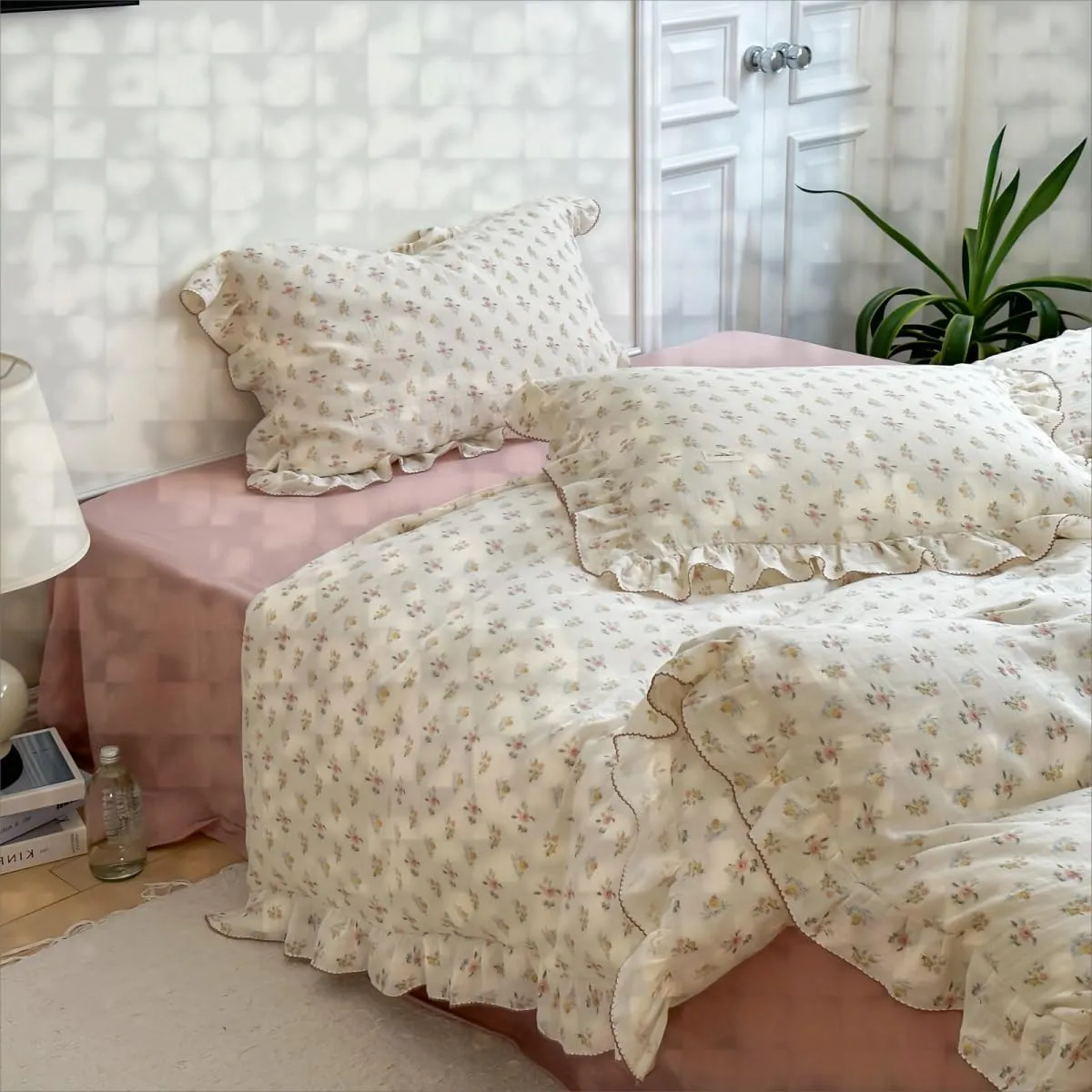 BuLuTu 2-Layer Cotton Muslin Duvet Cover Full for Kids Girls Boys, Shabby Chic Floral Duvet Covers Beige Comforter/Quilt Cover with Ruffles, 79"x90", Azalea, No Pillow Cases