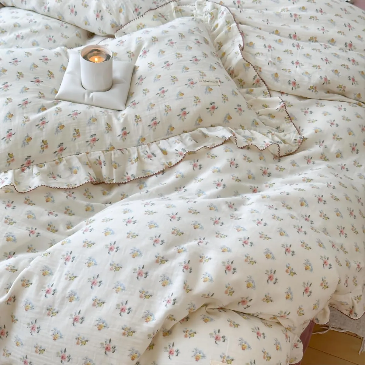 BuLuTu 2-Layer Cotton Muslin Duvet Cover Full for Kids Girls Boys, Shabby Chic Floral Duvet Covers Beige Comforter/Quilt Cover with Ruffles, 79"x90", Azalea, No Pillow Cases