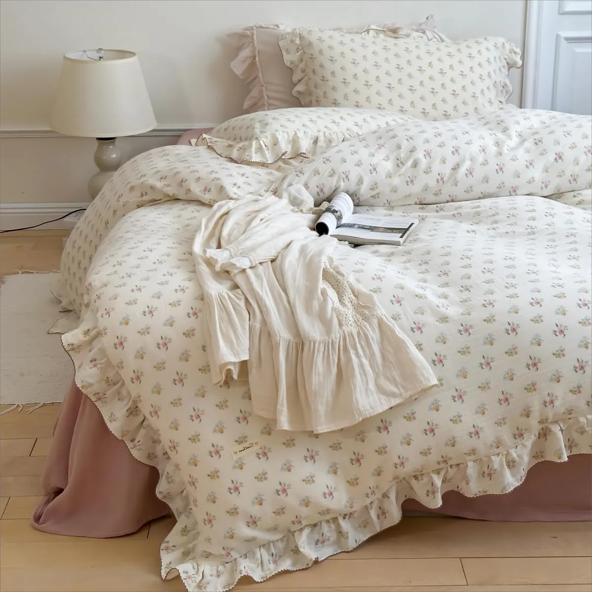 BuLuTu 2-Layer Cotton Muslin Duvet Cover Full for Kids Girls Boys, Shabby Chic Floral Duvet Covers Beige Comforter/Quilt Cover with Ruffles, 79"x90", Azalea, No Pillow Cases