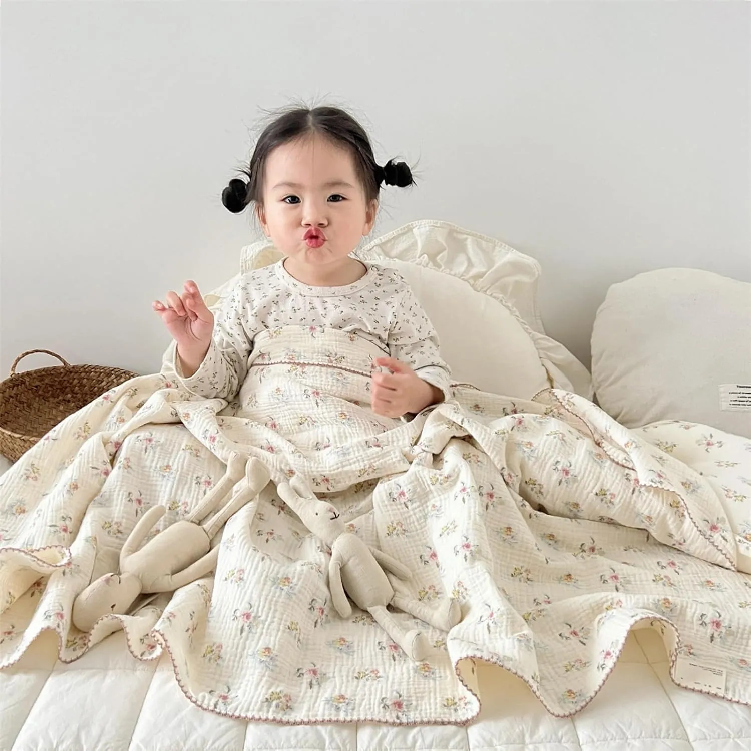 BuLuTu Large Cotton Muslin Kids Toddler Throw Blanket - 47''x51'' Reversible Lightweight Azalea Little Flower Thin Summer Quilt Baby Quilt for Crib Bed,Stroller,Travel,White