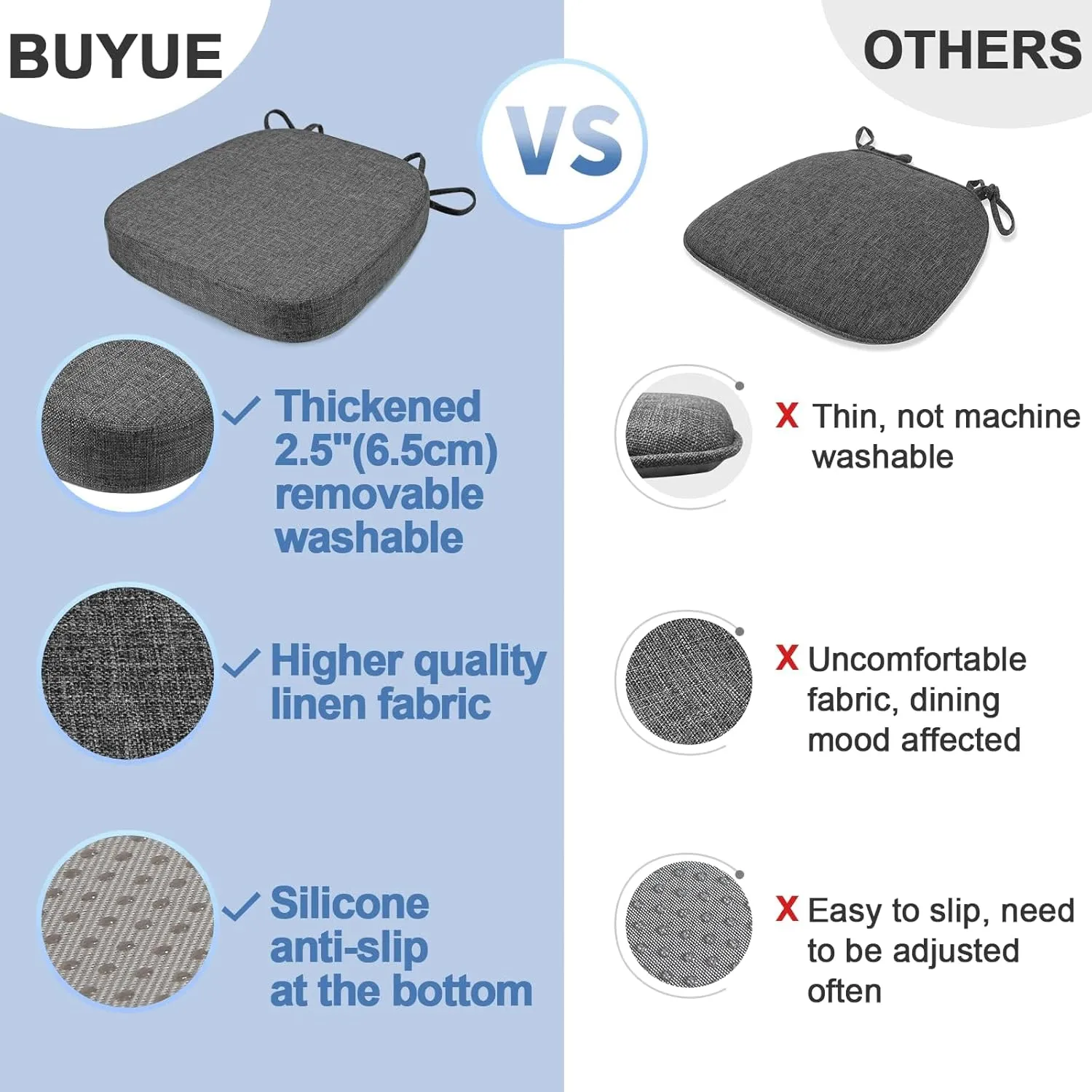 BUYUE Thickened 2.5" Friendly Woven Fabric Dining Chair Cushion, U-Shape High Density Foam Comfortable Chair Pad for Kitchen, Slip Resistant Indoor Seat Cushion (1 Piece, Brown)