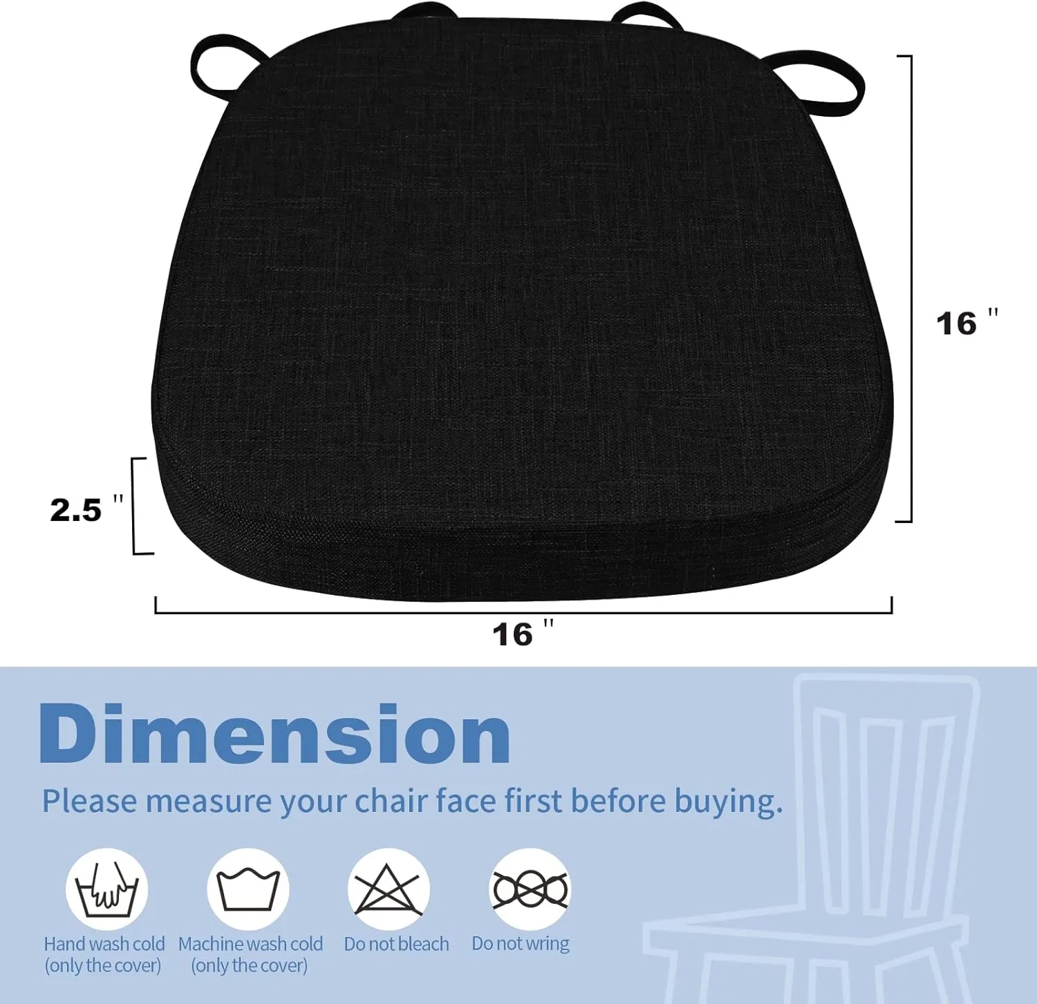 BUYUE Thickened 2.5" Original Linen Dining Chair Cushion, U-Shape High Density Foam Comfortable Chair Pad for Kitchen, Slip Resistant Indoor Seat Cushion (1 Piece, Black)