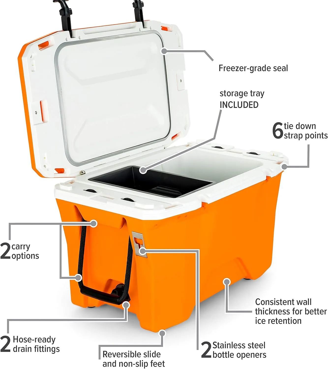 Camco Currituck Tangerine and White 30 Quart Cooler - Rugged Exterior Made for Camping, Hunting, Fishing and Tailgating - Comes with Cooler Basket (51757)