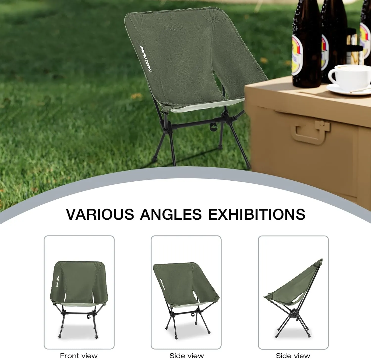CAMEL CROWN Portable Camping Chair Folding Compact Lawn Lightweight Backpacking Chair with Carry Bag for Outdoor Hiking Beach Travel Picnic Festival Army Green