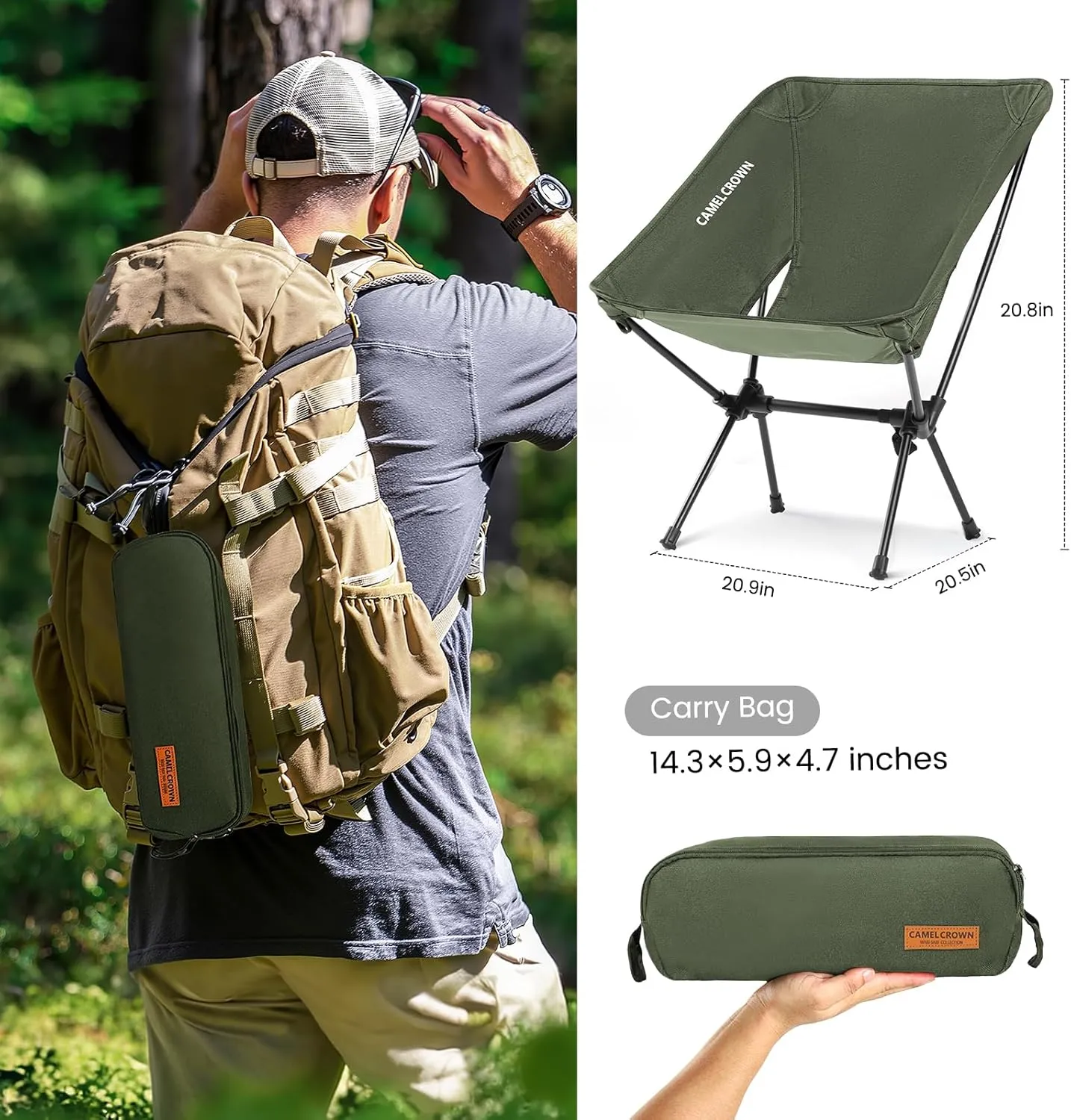CAMEL CROWN Portable Camping Chair Folding Compact Lawn Lightweight Backpacking Chair with Carry Bag for Outdoor Hiking Beach Travel Picnic Festival Army Green