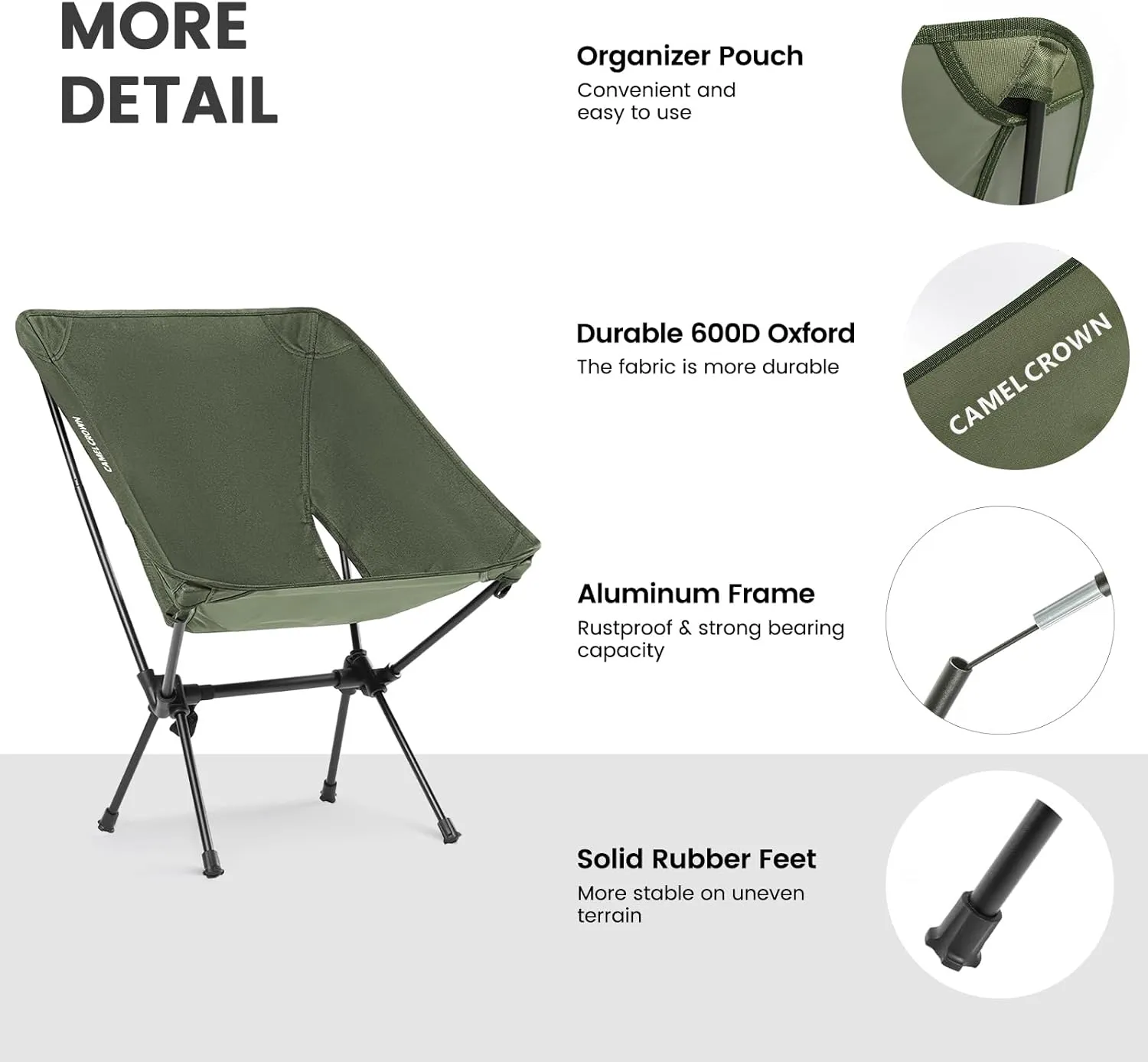 CAMEL CROWN Portable Camping Chair Folding Compact Lawn Lightweight Backpacking Chair with Carry Bag for Outdoor Hiking Beach Travel Picnic Festival Army Green