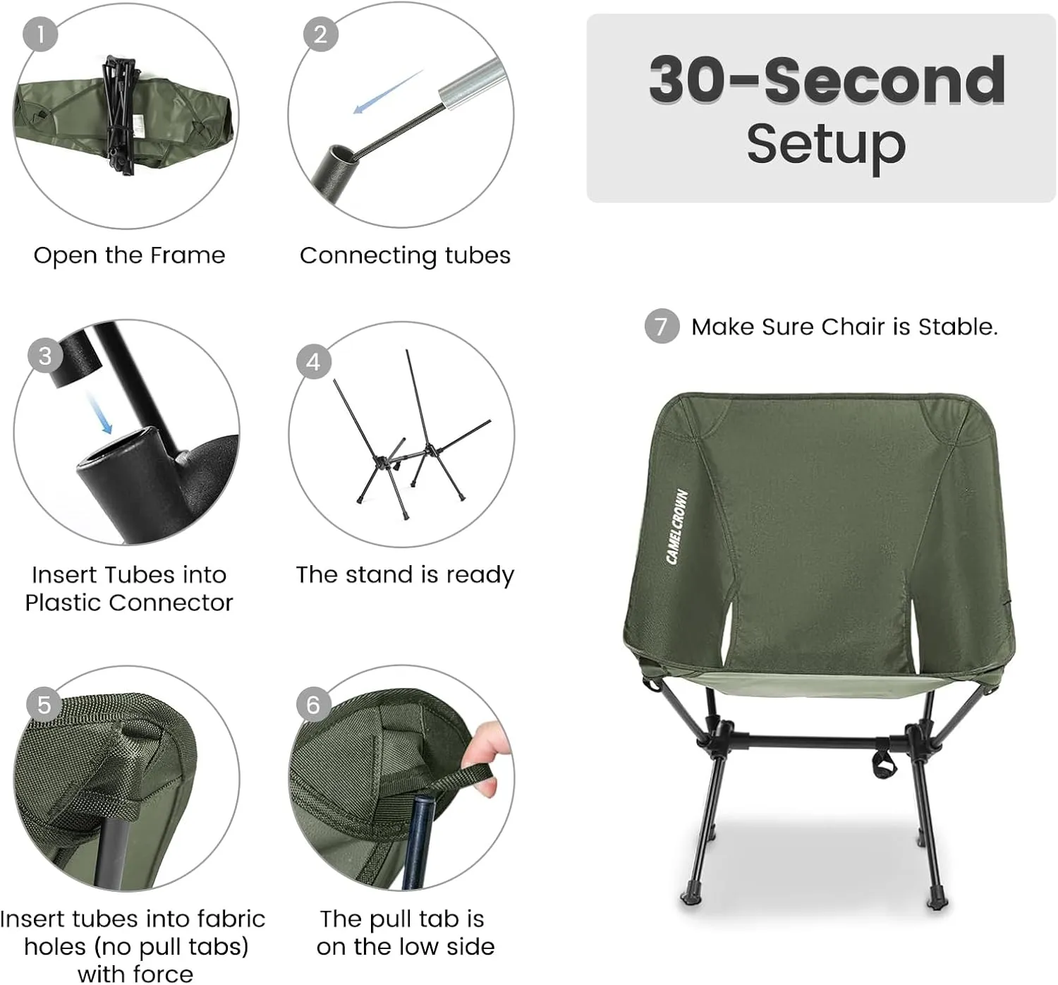 CAMEL CROWN Portable Camping Chair Folding Compact Lawn Lightweight Backpacking Chair with Carry Bag for Outdoor Hiking Beach Travel Picnic Festival Army Green
