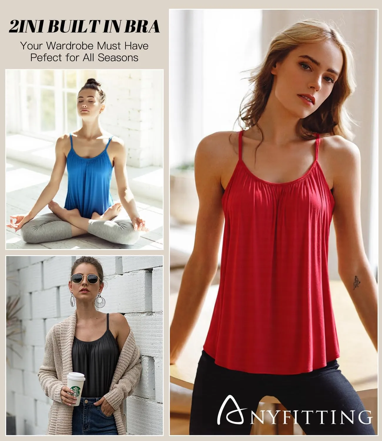 Camisoles for Women with Built in Bra Adjustable Strap Tank Tops Cami Sleeveless Summer Tops for Workout Sleeping Traveling