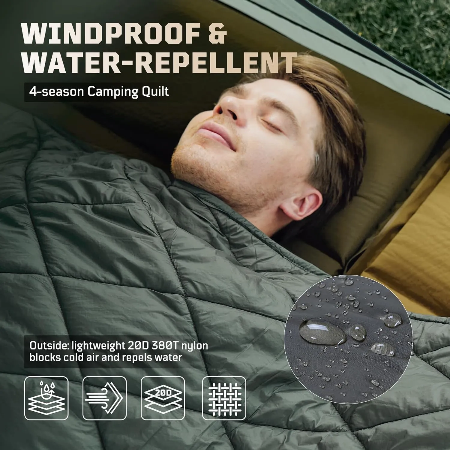 Camping Blanket - Puffy, Packable, Ultra Warm and Lightweight with Snap Button Backpacking Quilt, for Sleeping, Outdoors, Travel, and Indoor Use - Olive Green