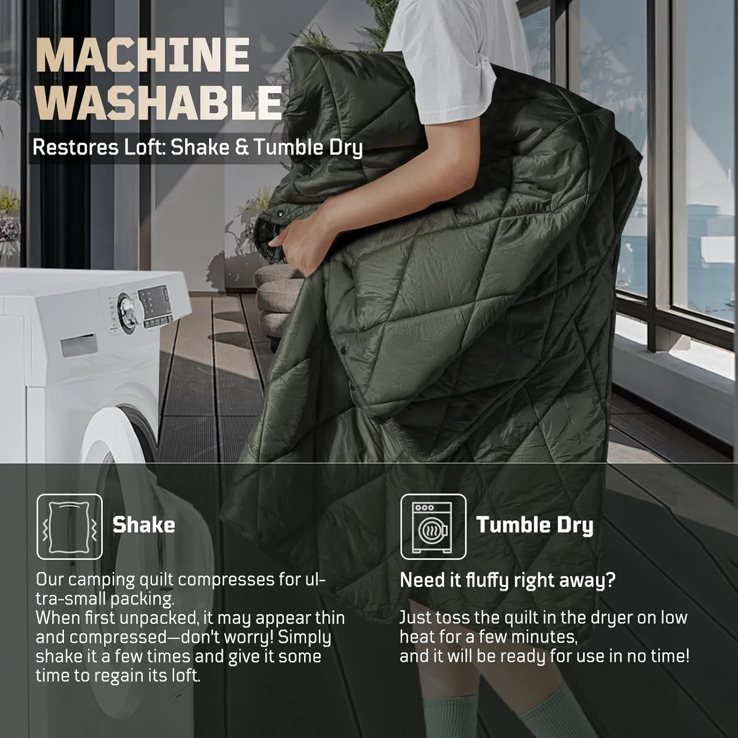 Camping Blanket - Puffy, Packable, Ultra Warm and Lightweight with Snap Button Backpacking Quilt, for Sleeping, Outdoors, Travel, and Indoor Use - Olive Green