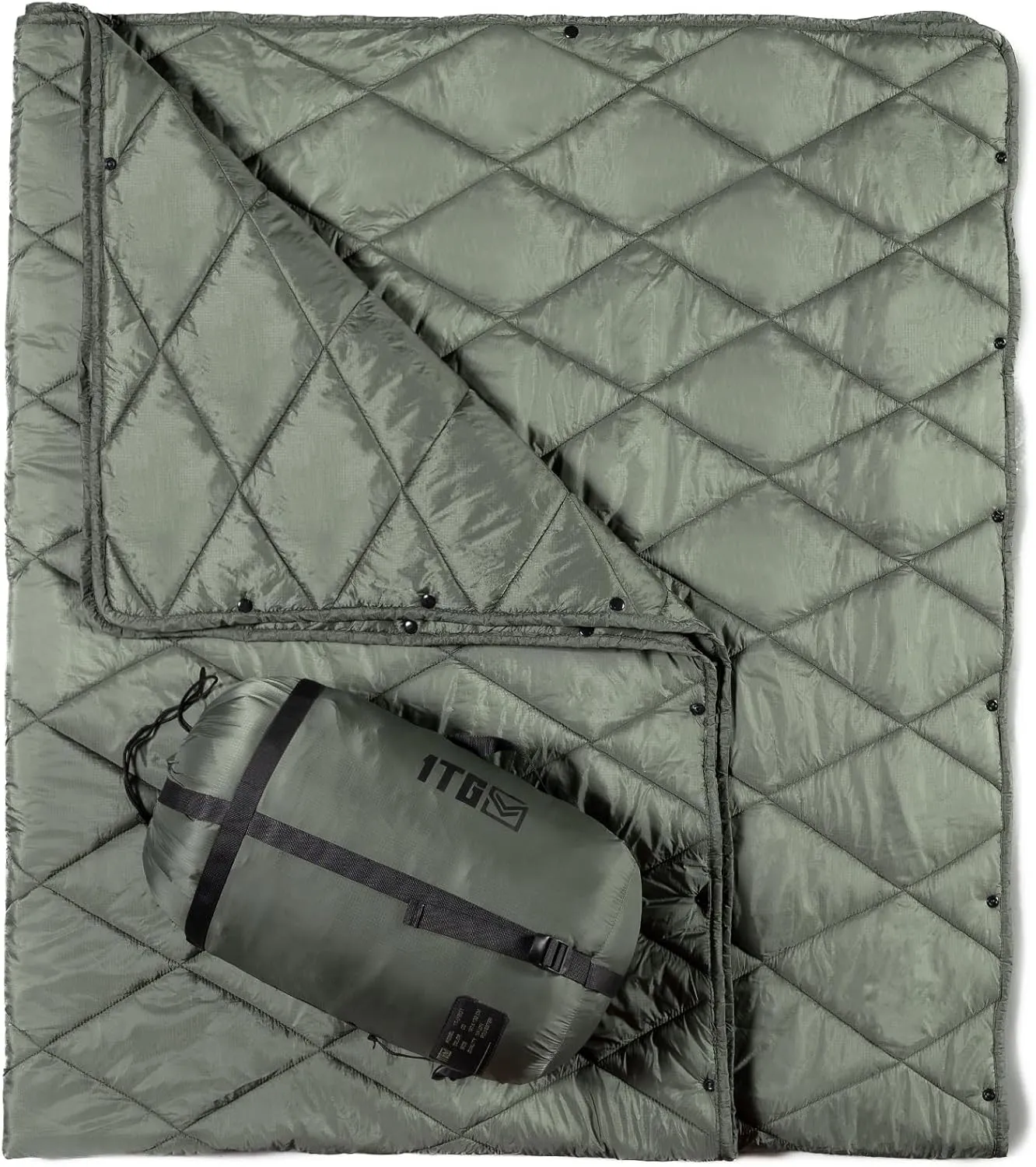 Camping Blanket - Puffy, Packable, Ultra Warm and Lightweight with Snap Button Backpacking Quilt, for Sleeping, Outdoors, Travel, and Indoor Use - Olive Green