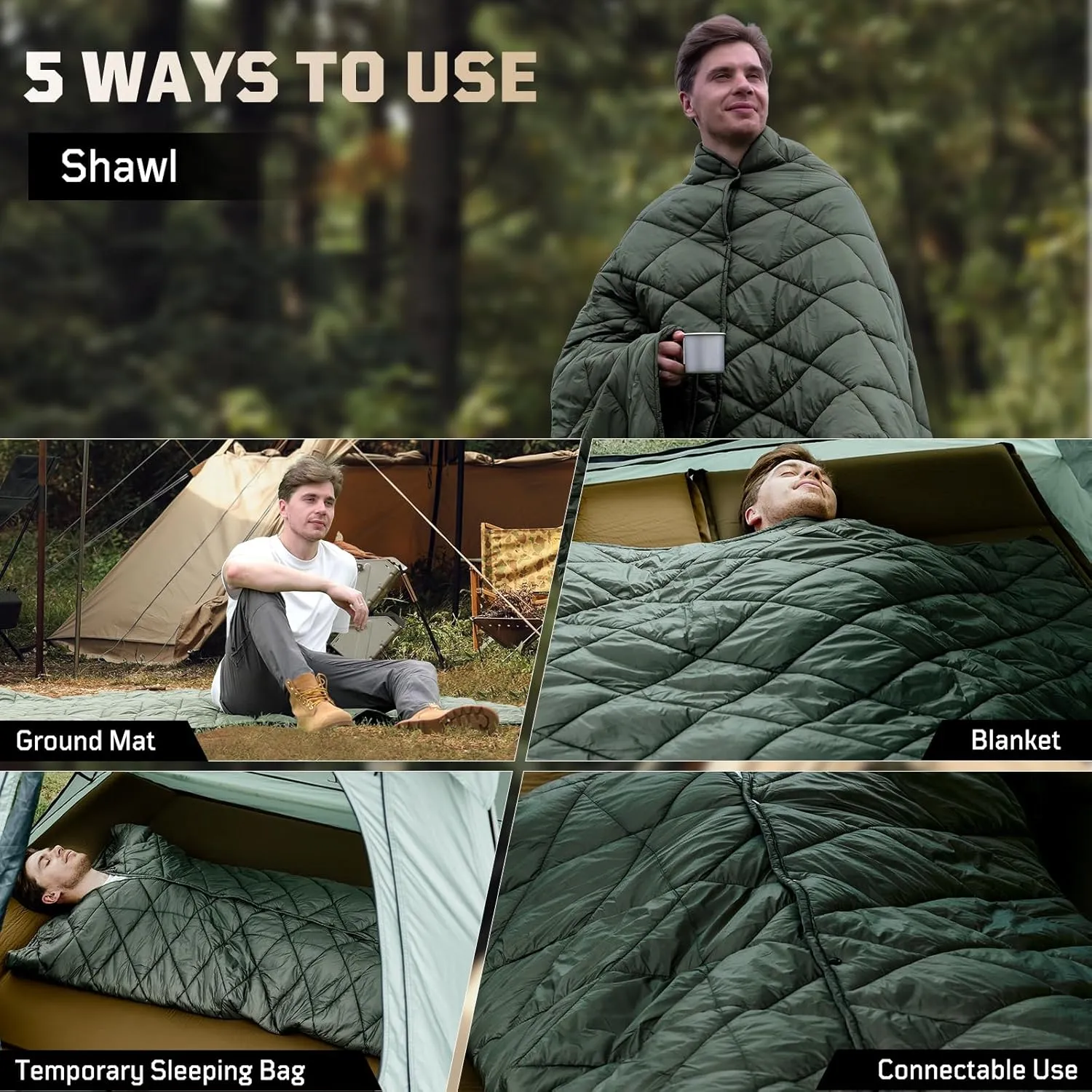Camping Blanket - Puffy, Packable, Ultra Warm and Lightweight with Snap Button Backpacking Quilt, for Sleeping, Outdoors, Travel, and Indoor Use - Olive Green
