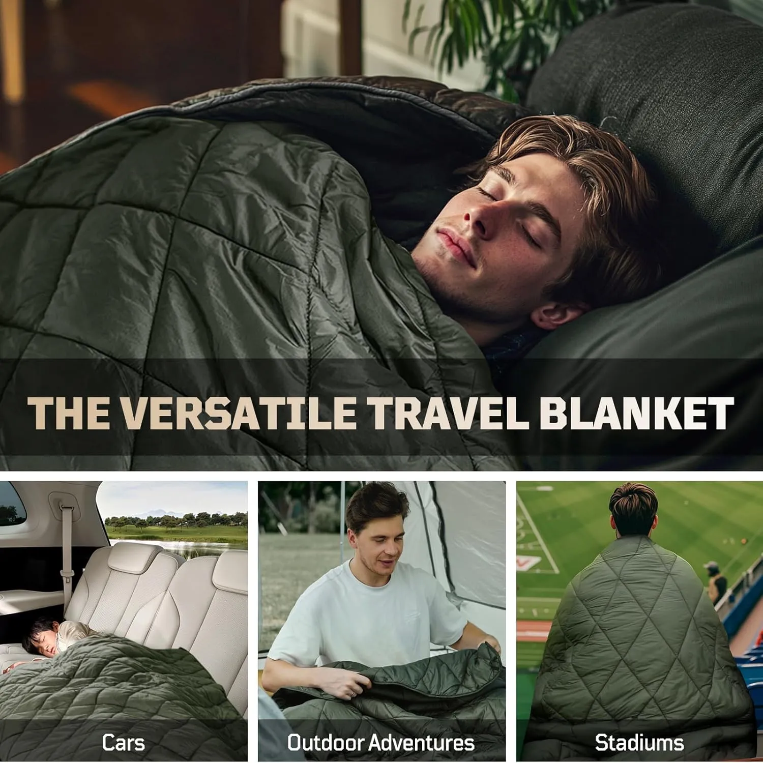 Camping Blanket - Puffy, Packable, Ultra Warm and Lightweight with Snap Button Backpacking Quilt, for Sleeping, Outdoors, Travel, and Indoor Use - Olive Green