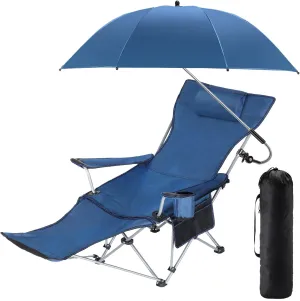 Camping Chair with Umbrella Reclining Chair with Foot Rest with Universal Clamp UPF 50  360 Degree Adjustable Umbrella Portable Lightweight Foldable for Outdoor