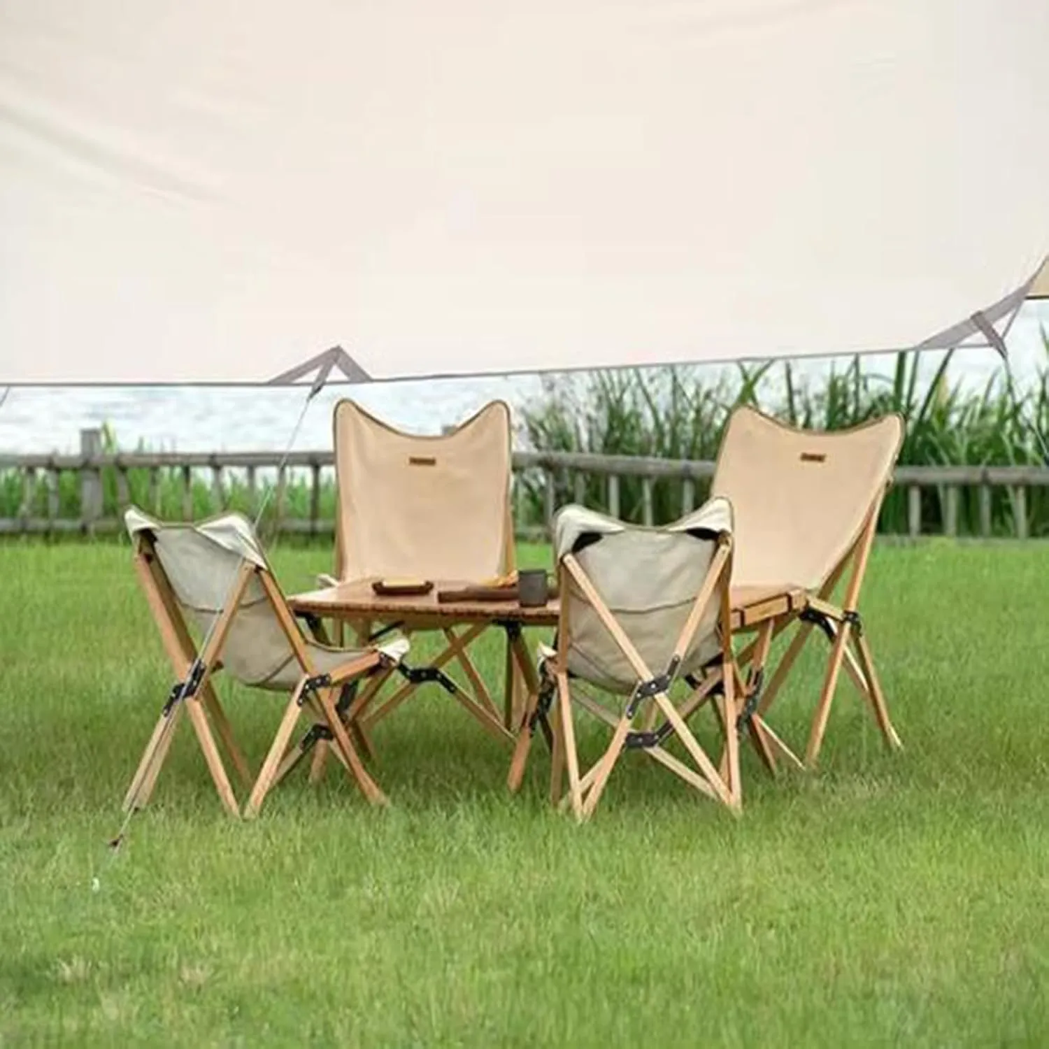 Camping Chairs for Adults Wooden Chair Frame Picnic Chairs Folding Camp Chair Lightweight with Mesh Pocket & Carrying Bag