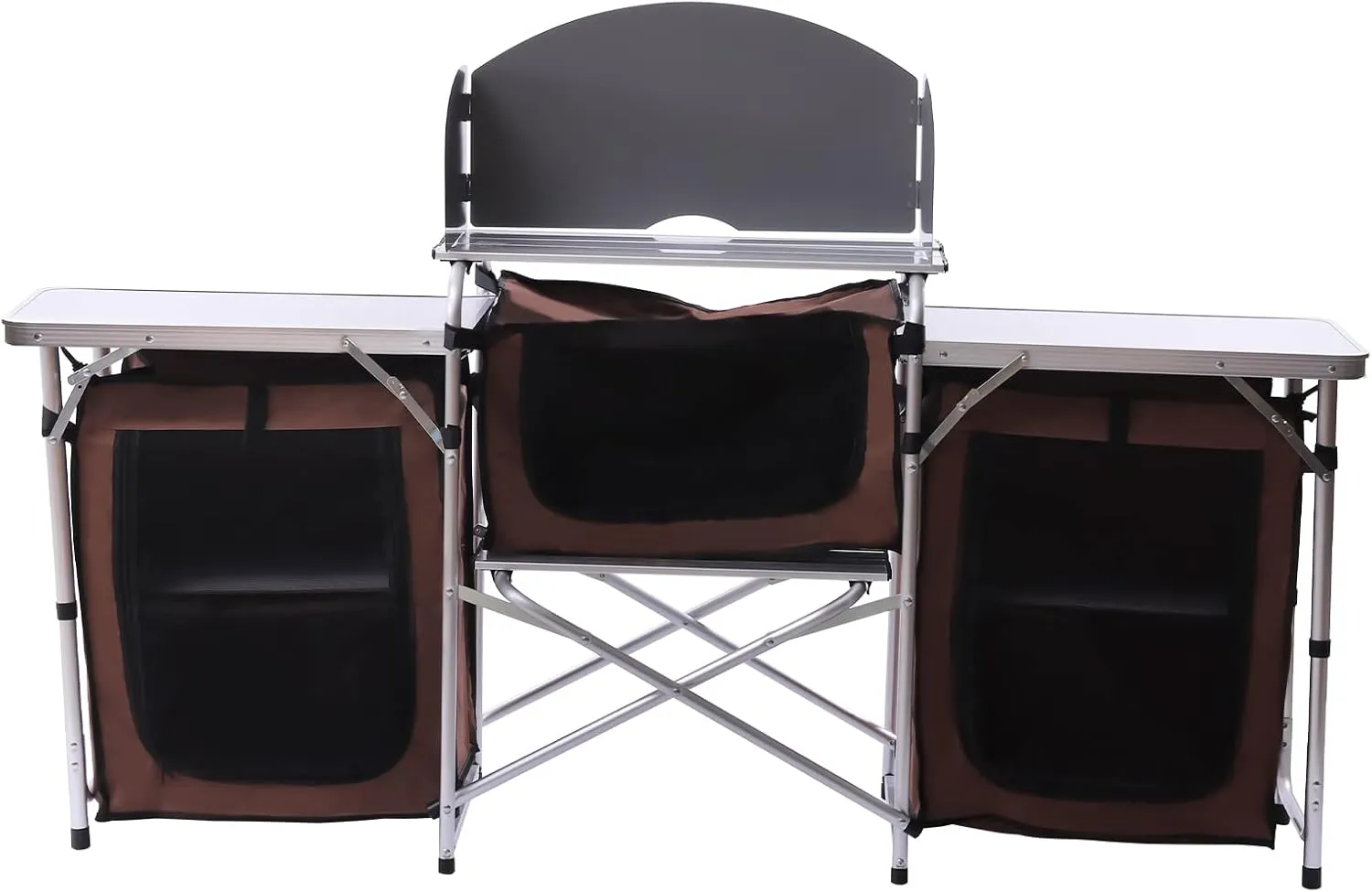 Camping Kitchen Station, Folding Grill Table with 26'' Tabletop, 2 Side Tables, Storage Organizer, Detachable Windscreen, Portable Camp Cook Outdoor Prep Station Backyard BBQ Picnic (Brown)