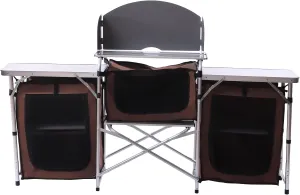 Camping Kitchen Station, Folding Grill Table with 26'' Tabletop, 2 Side Tables, Storage Organizer, Detachable Windscreen, Portable Camp Cook Outdoor Prep Station Backyard BBQ Picnic (Brown)