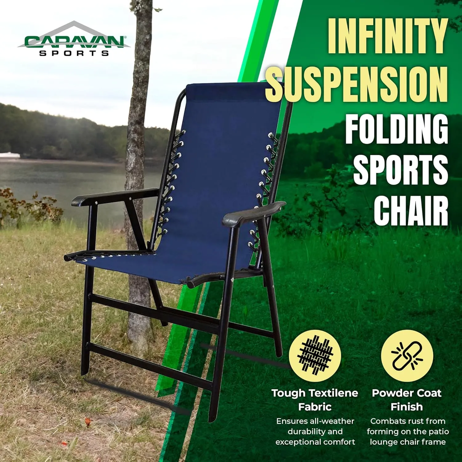Canopy Suspension Portable Folding Sports Chair with Bungee Suspension and Textaline Fabric, 300 Pound Weight Capacity, Blue