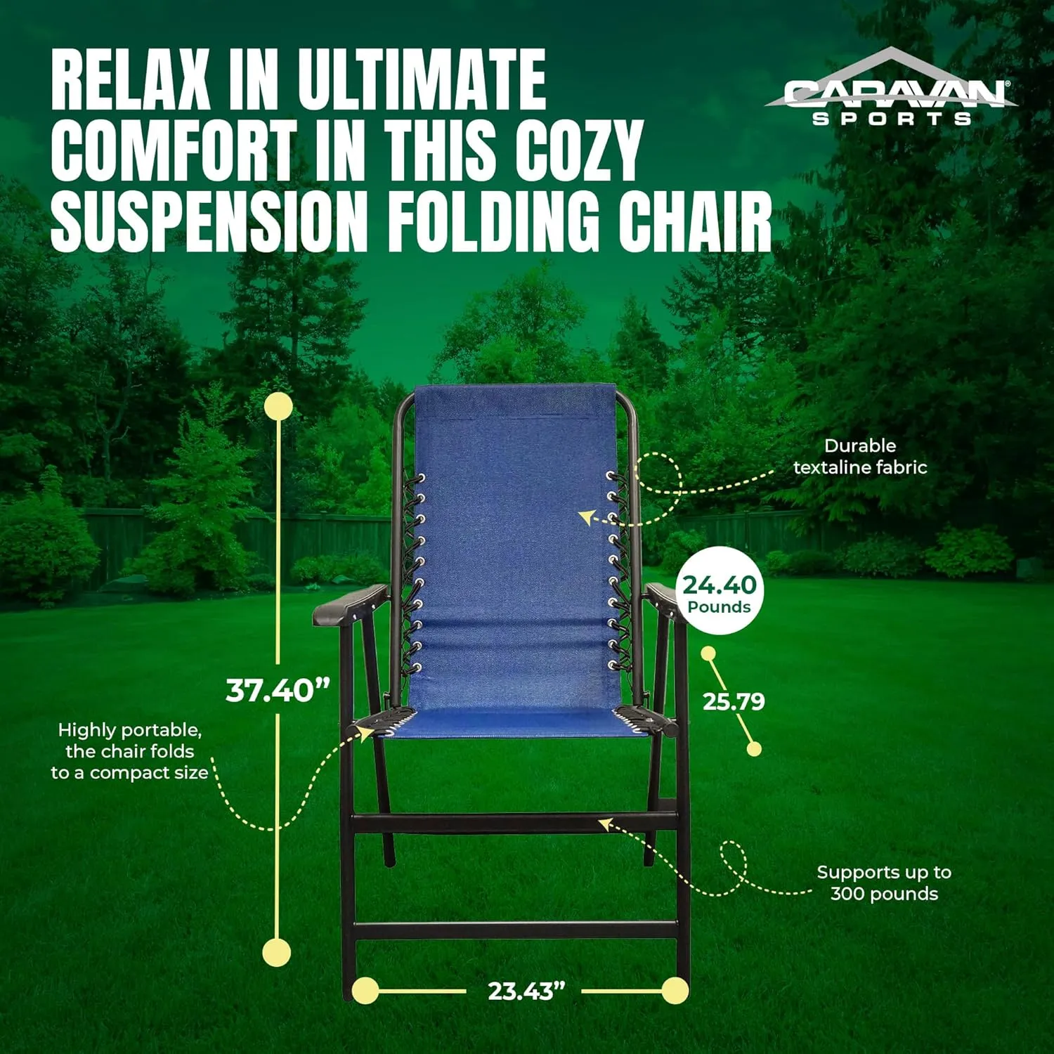 Canopy Suspension Portable Folding Sports Chair with Bungee Suspension and Textaline Fabric, 300 Pound Weight Capacity, Blue