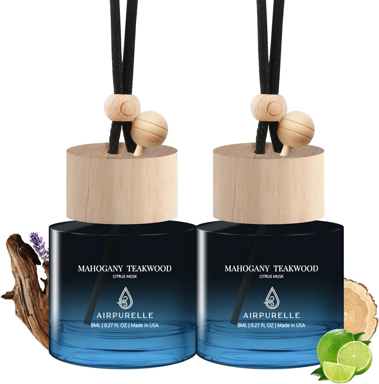 Car Air Freshener Hanging 2 Pack Air Fresheners Diffuser - Mahogany Teakwood Fragrance Oil Air Diffuser for Car, 45  days Long Lasting Fragrance, Two 0.27 FL OZ/8ML Made in USA