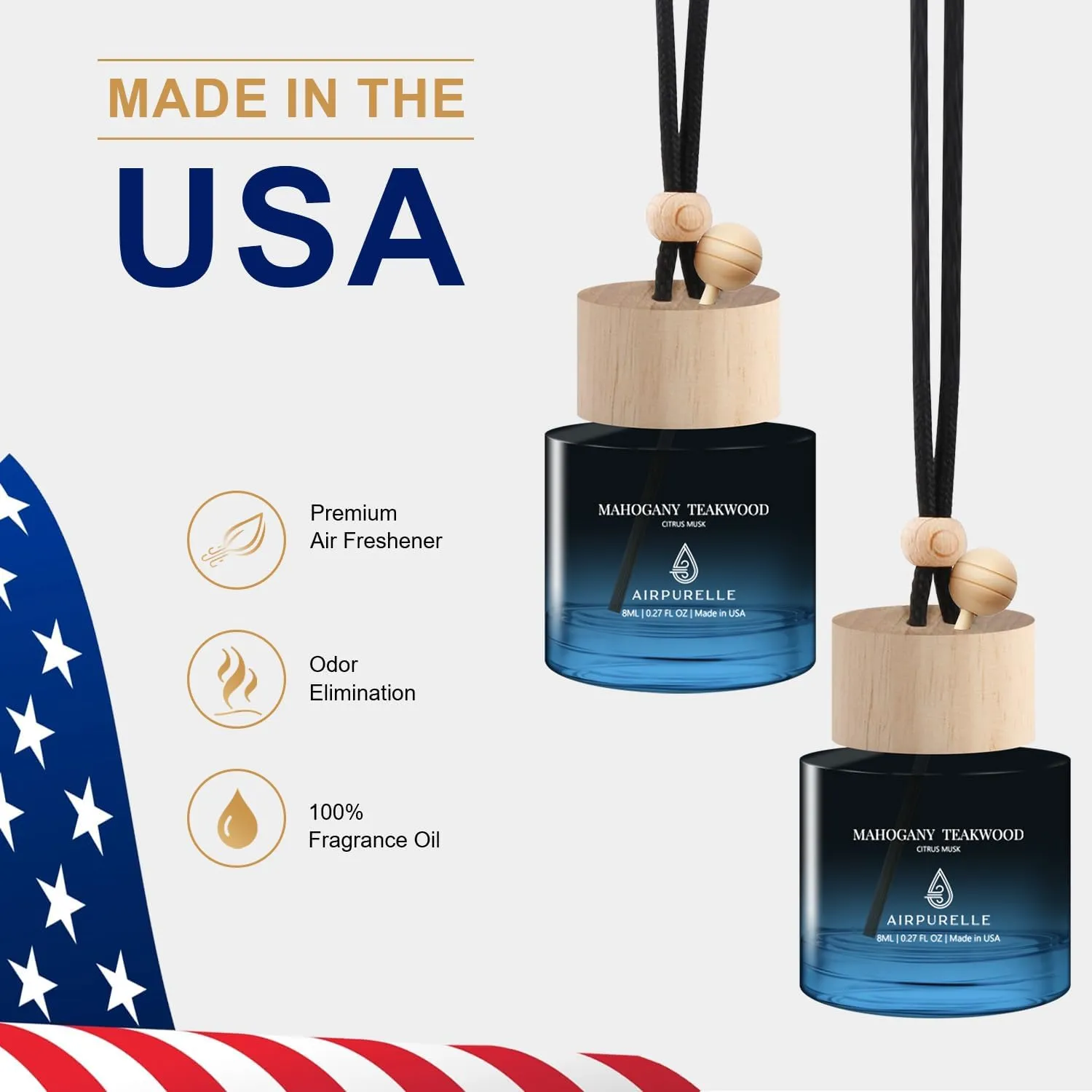 Car Air Freshener Hanging 2 Pack Air Fresheners Diffuser - Mahogany Teakwood Fragrance Oil Air Diffuser for Car, 45  days Long Lasting Fragrance, Two 0.27 FL OZ/8ML Made in USA