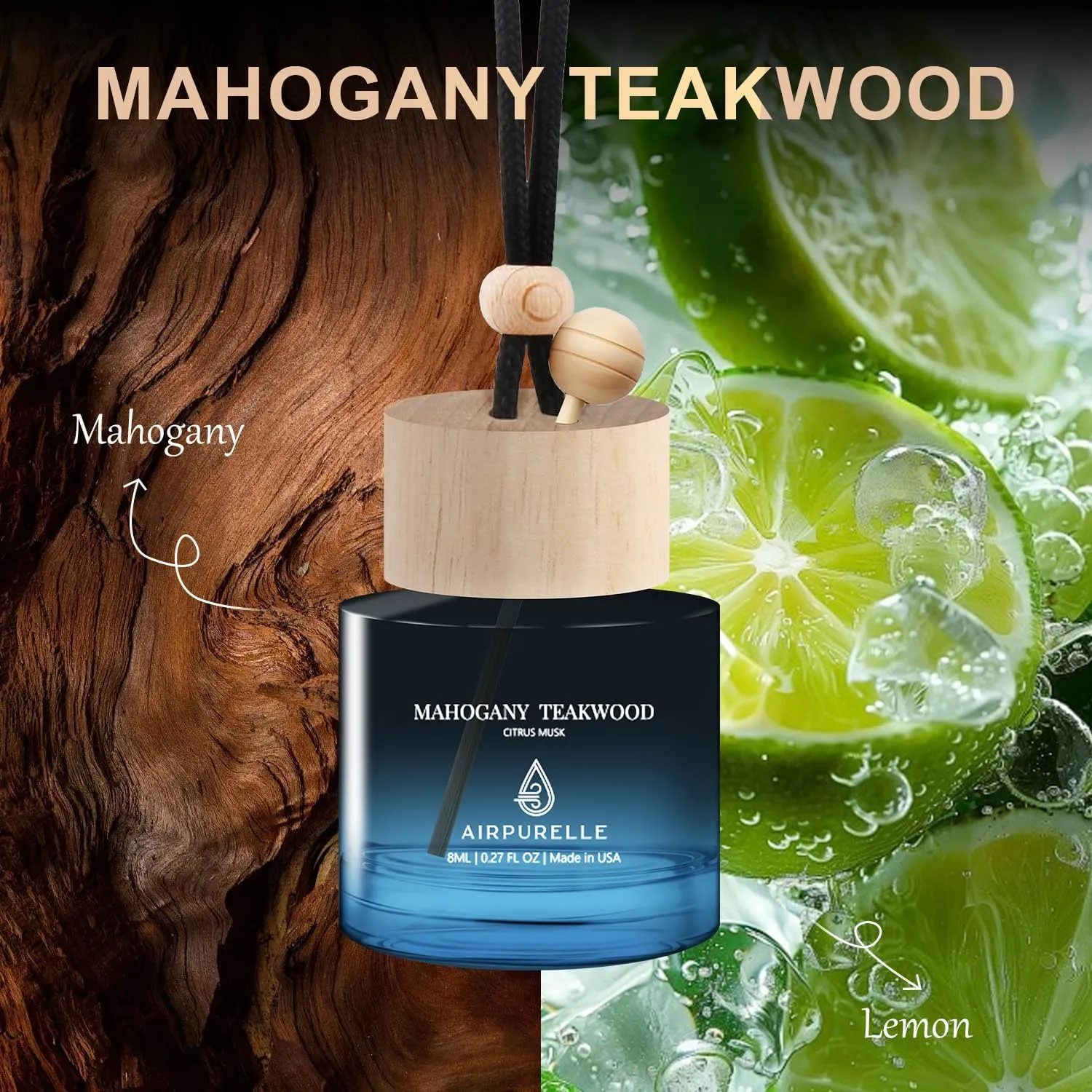 Car Air Freshener Hanging 2 Pack Air Fresheners Diffuser - Mahogany Teakwood Fragrance Oil Air Diffuser for Car, 45  days Long Lasting Fragrance, Two 0.27 FL OZ/8ML Made in USA