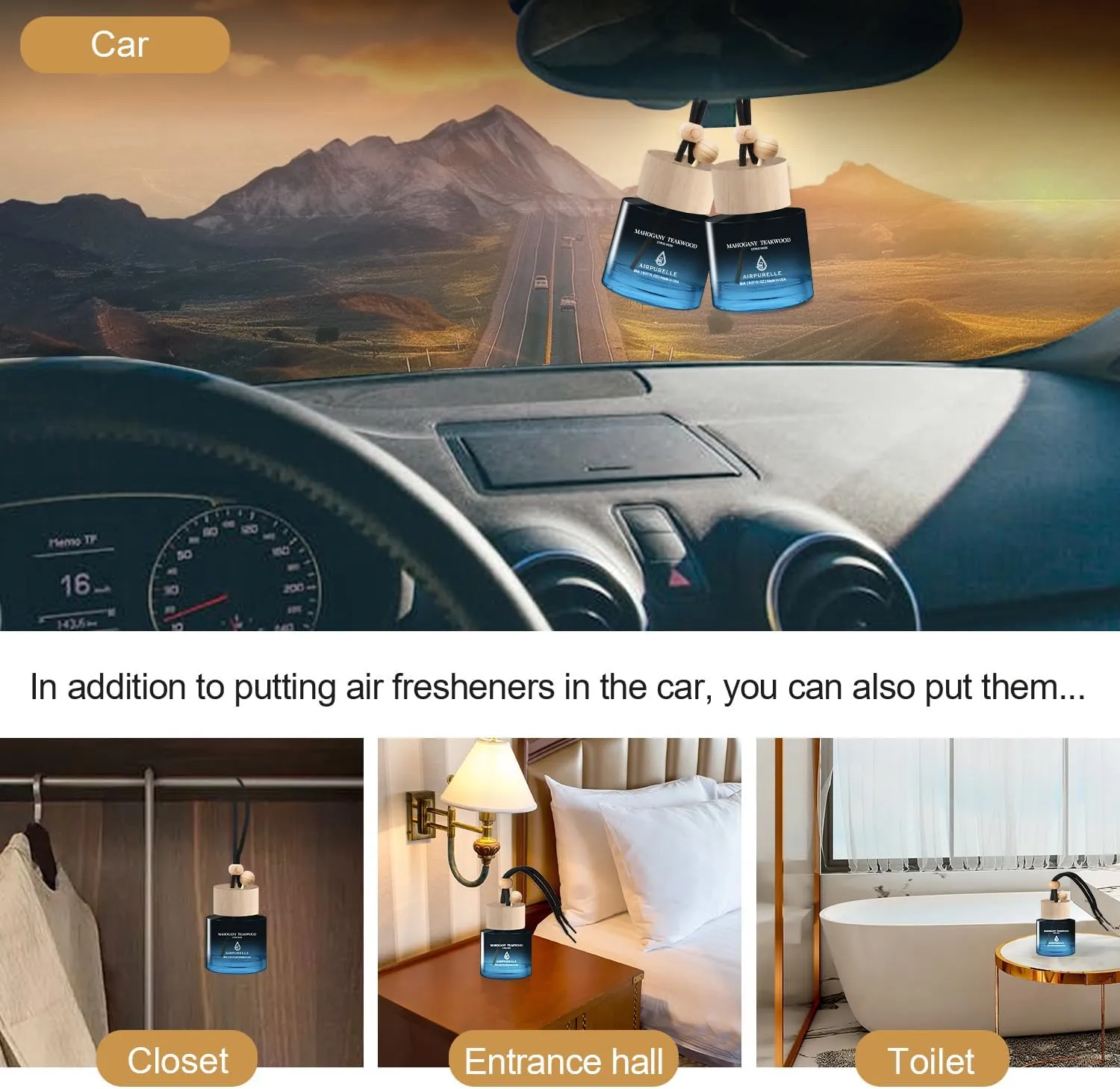 Car Air Freshener Hanging 2 Pack Air Fresheners Diffuser - Mahogany Teakwood Fragrance Oil Air Diffuser for Car, 45  days Long Lasting Fragrance, Two 0.27 FL OZ/8ML Made in USA