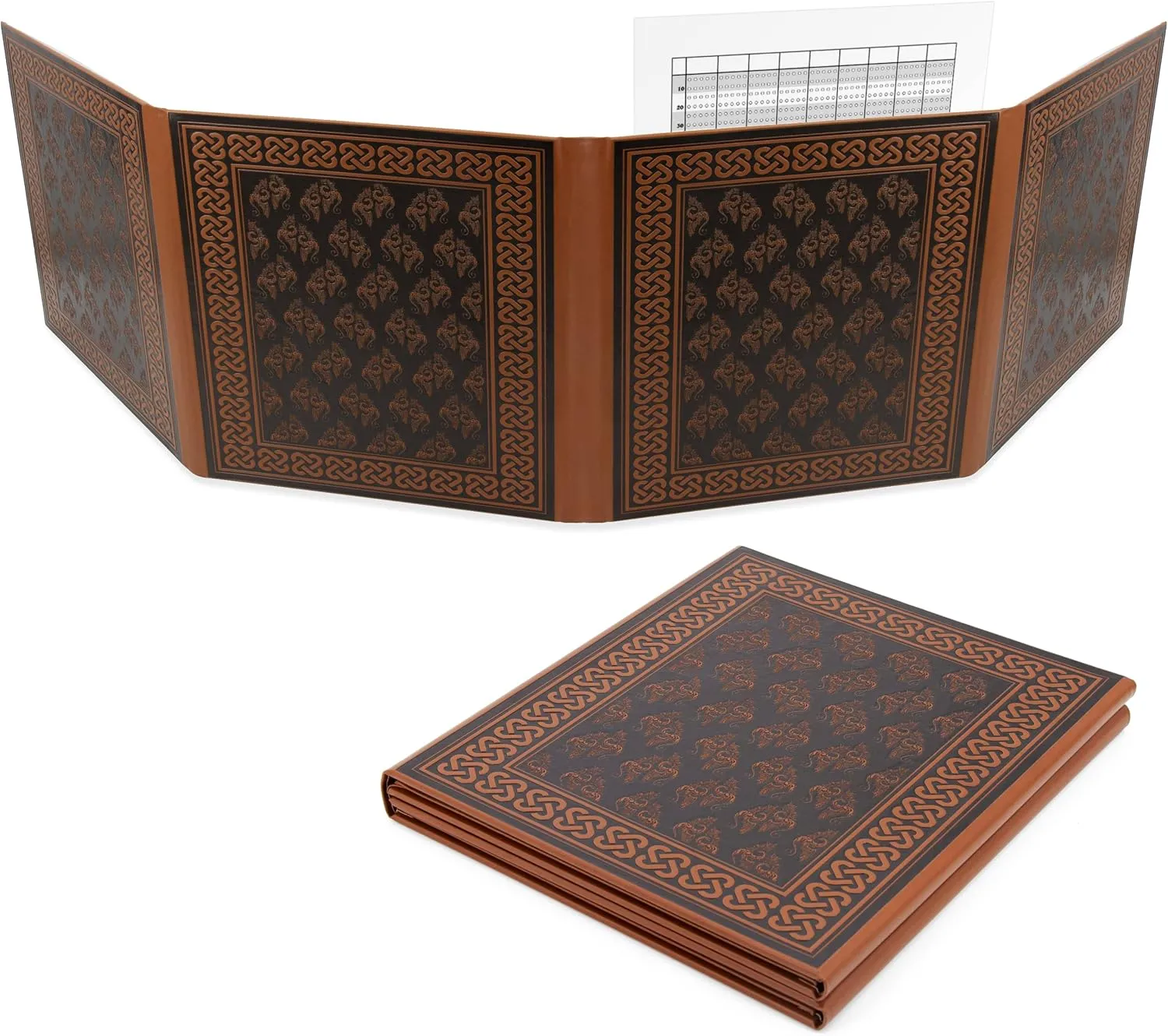 CASEMATIX DM Screen Faux Leather Embossed GM Screen - Four Panel Folding Dungeon Master Screen with Wet Erase Transparent Pockets and Compatible with Tabletop Roleplaying Games, Inserts Not Included